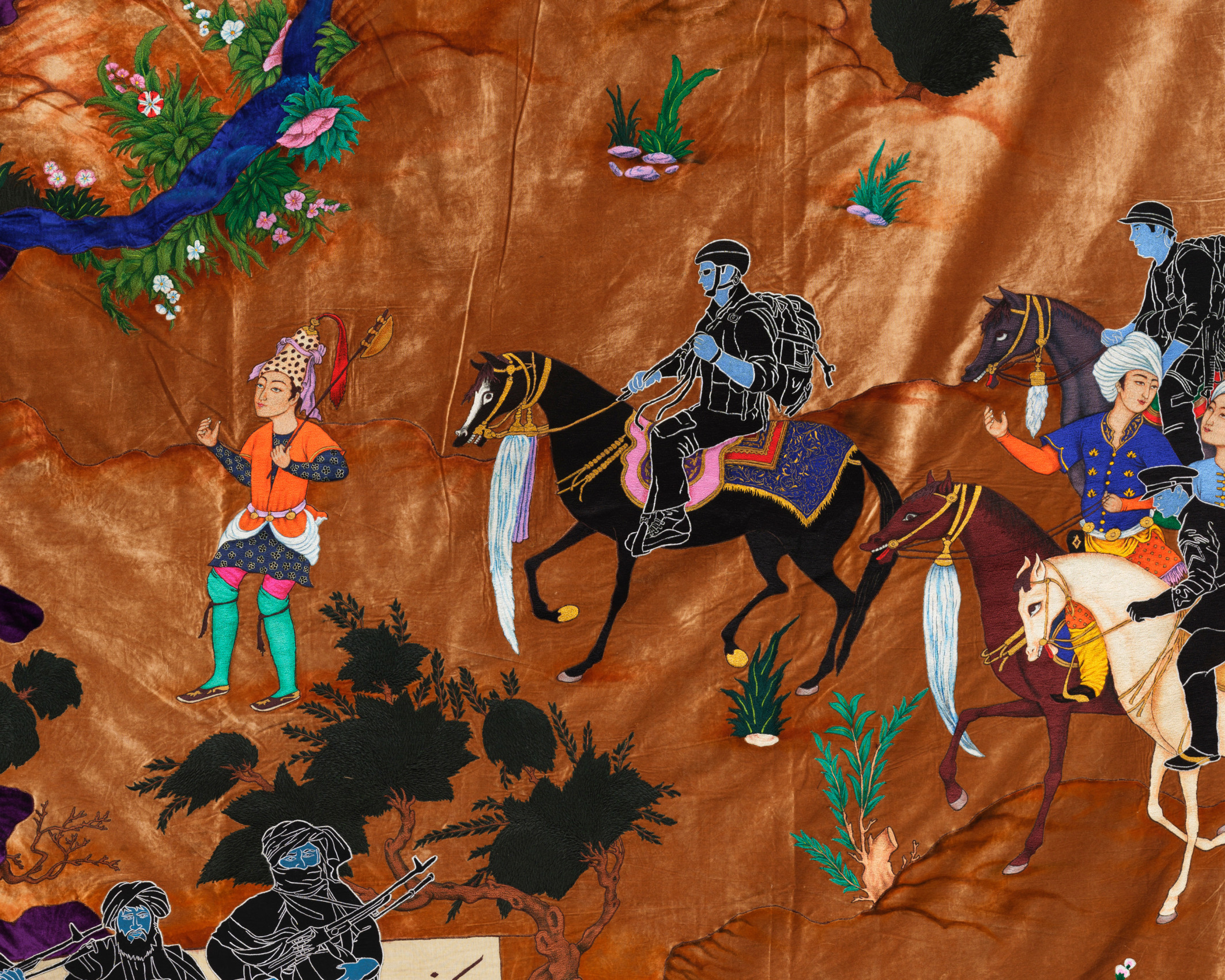 Khadim Ali, What Now My Friend?,&nbsp;2020, Fabric tapestry,&nbsp;309.5 x 95.75 in (detail)