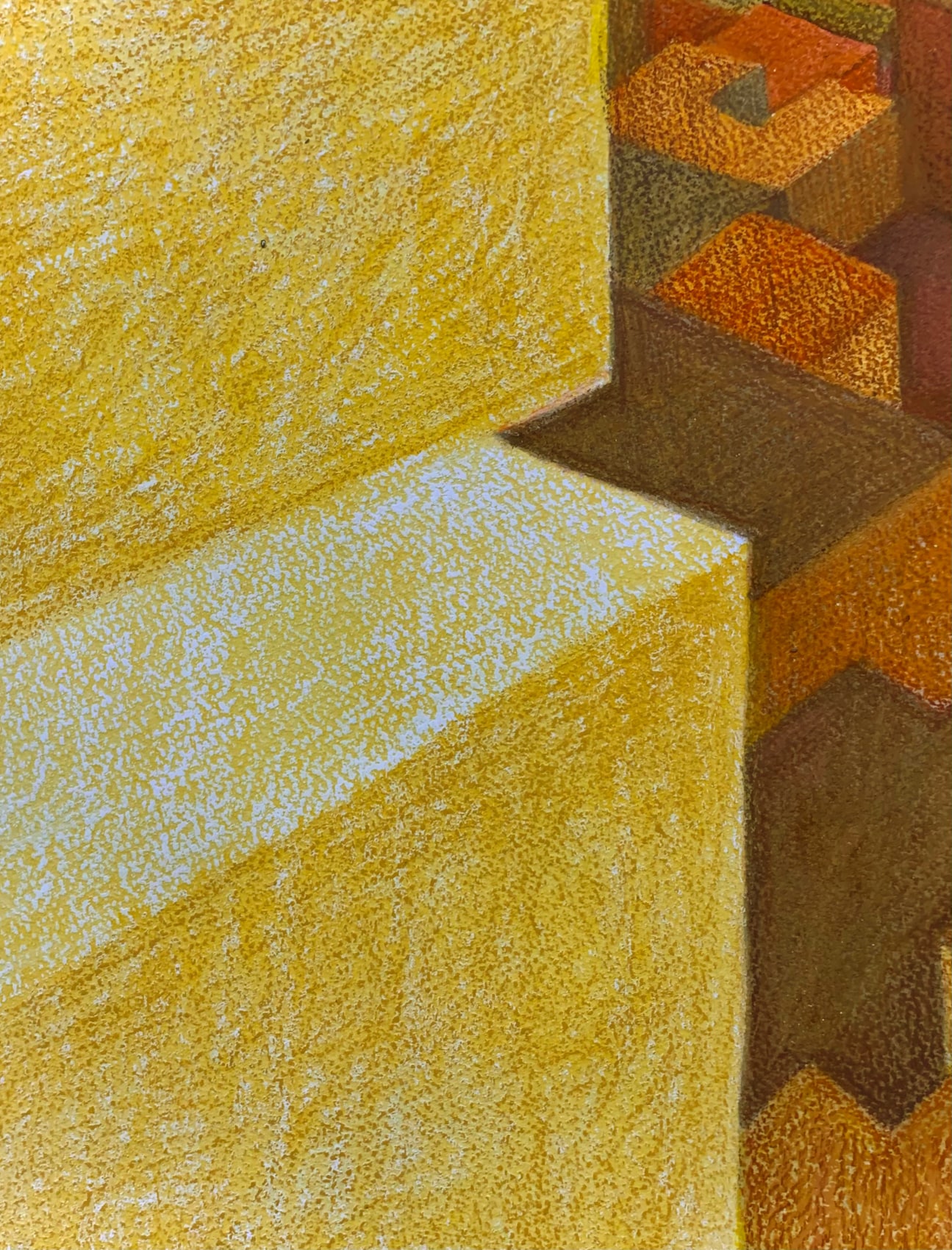 Pastel drawing of a cityscape from birds-eye-view