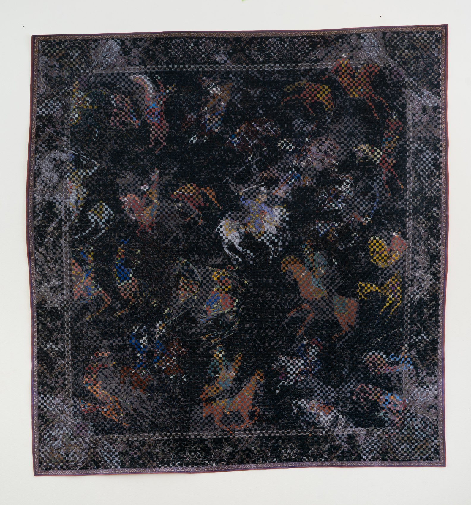 Woven paper artwork reminiscent of an oriental rug - center is a large tree