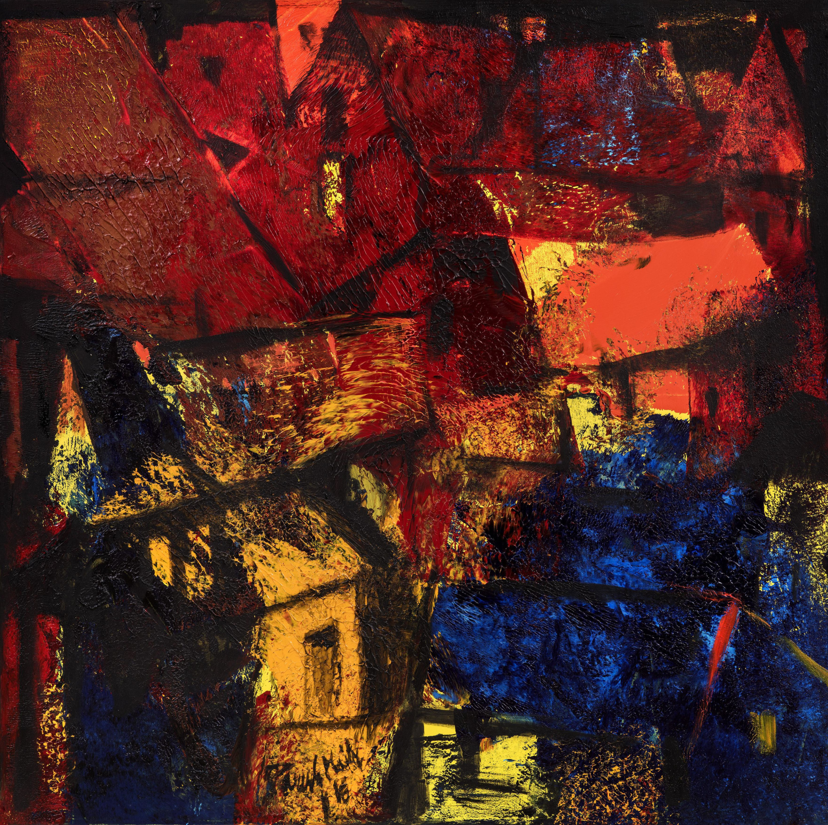 Colorful city scape with lots of paint texture