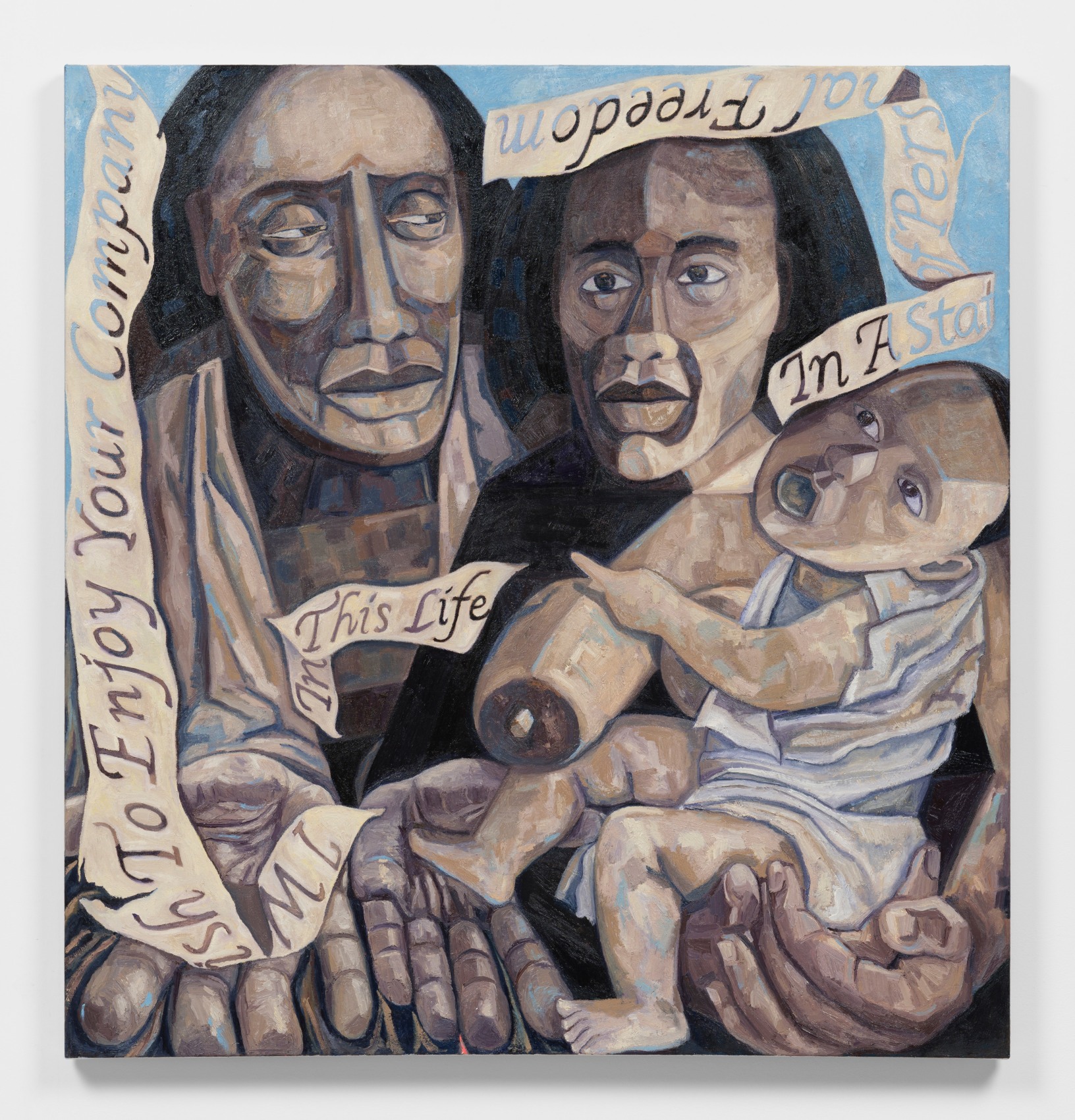 Imagined portrait of the artist's ancestor Henry, Millie and their baby with text from an archived letter written by Millie.