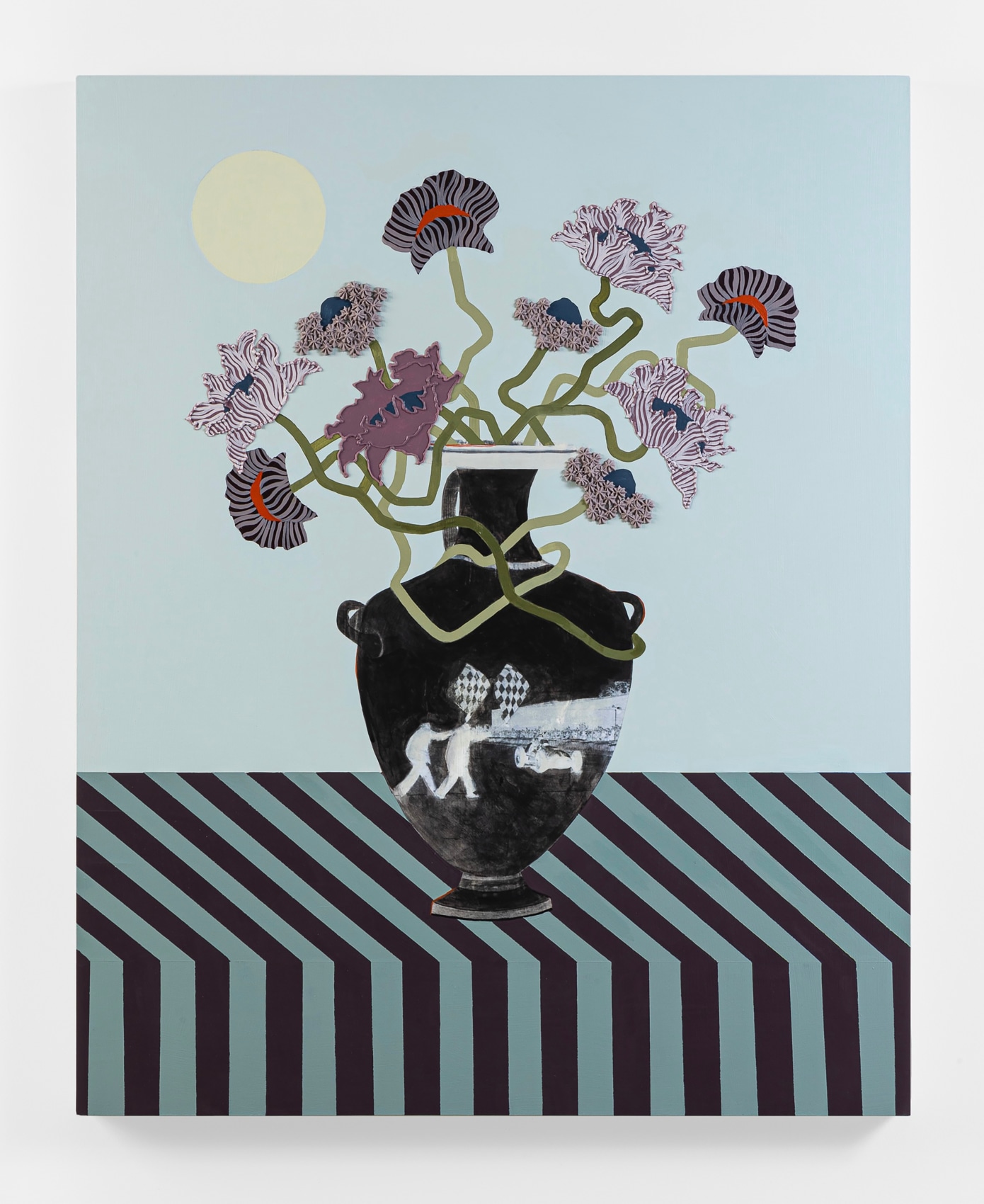 Still life with flowers and classical vessels reimagined as a surreal landscape