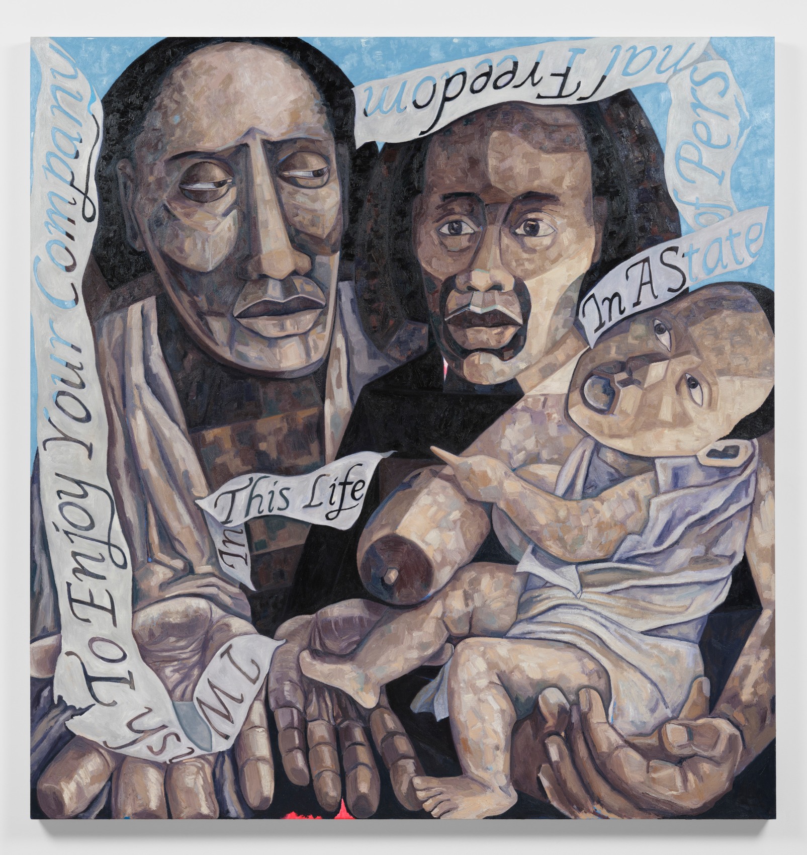 Portrait of the artist's ancestors with scrolling text