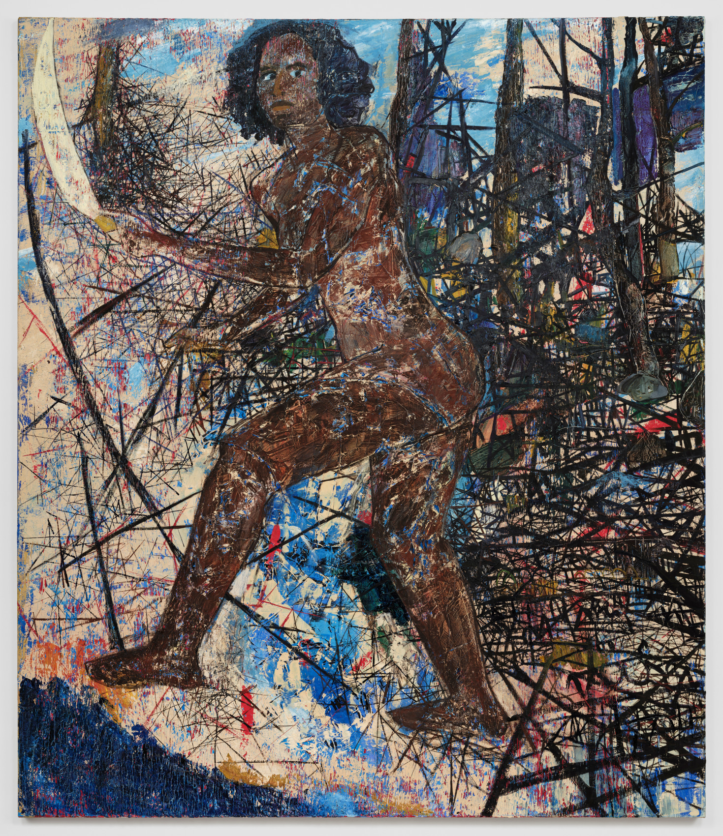 Portrait of the artist holding a sword behind brambles