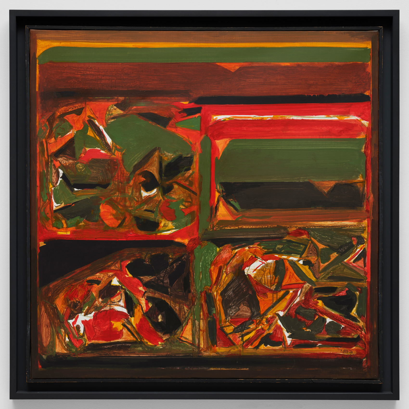 Abstract painting with earthy tones and pops of red.