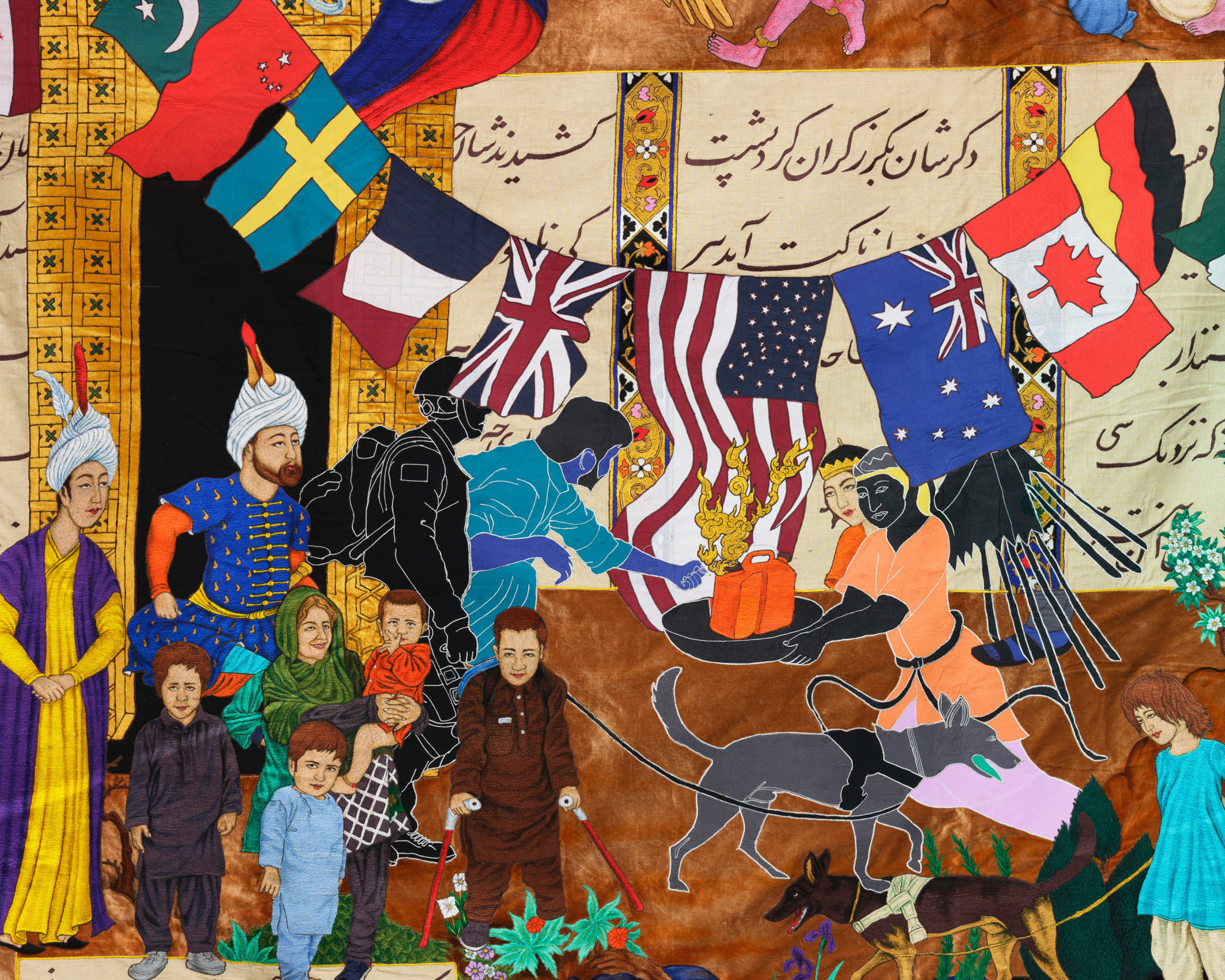 Khadim Ali, What Now My Friend?,&nbsp;2020, Fabric tapestry,&nbsp;309.5 x 95.75 in (detail)
