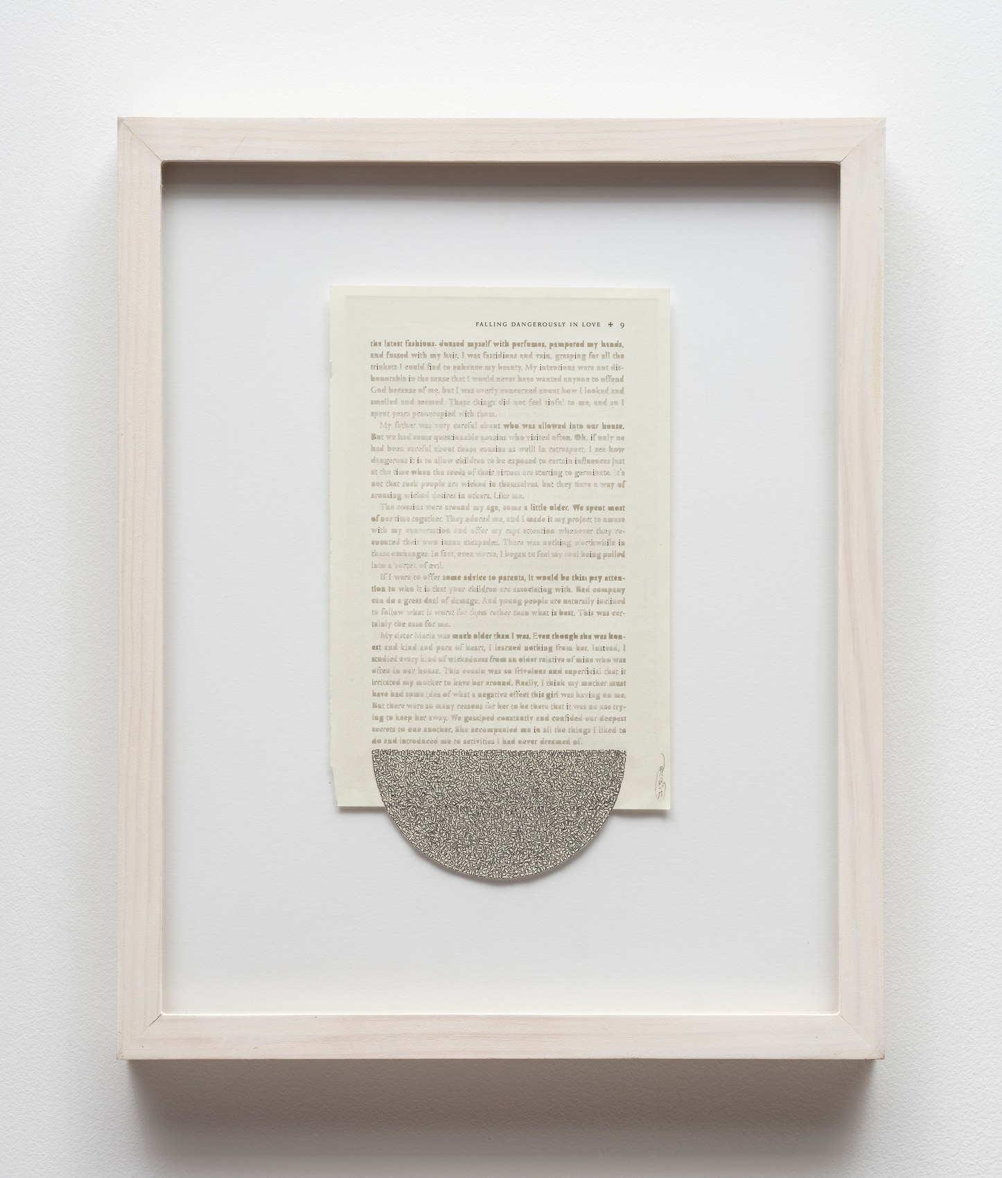 Youdhisthir Maharjan,&nbsp;Falling Dangerously in Love, 2017, Hand-cut text collage on reclaimed book pages, 10 x 5.75 in