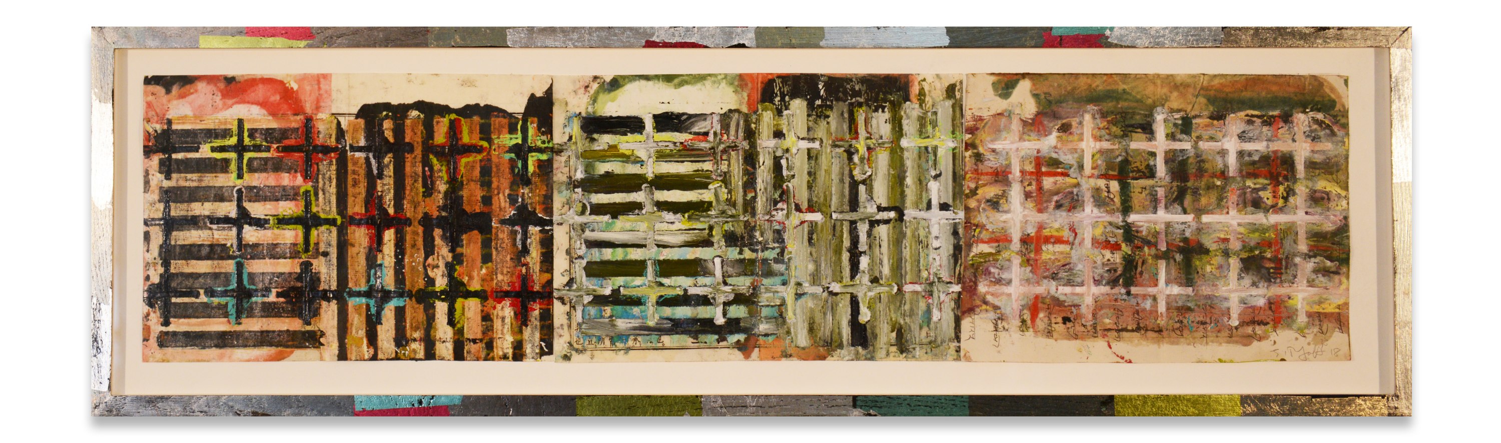 +&#039;s &amp;amp; -&#039;s #57, 2018,&nbsp;Oil stick, encaustic, vintage Indian paper in artist&#039;s frame,&nbsp;13 5/8 x 46 x 1 1/4 inches,&nbsp;34.6 x 116.8 x 3.2 cm,&nbsp;MMG#30910