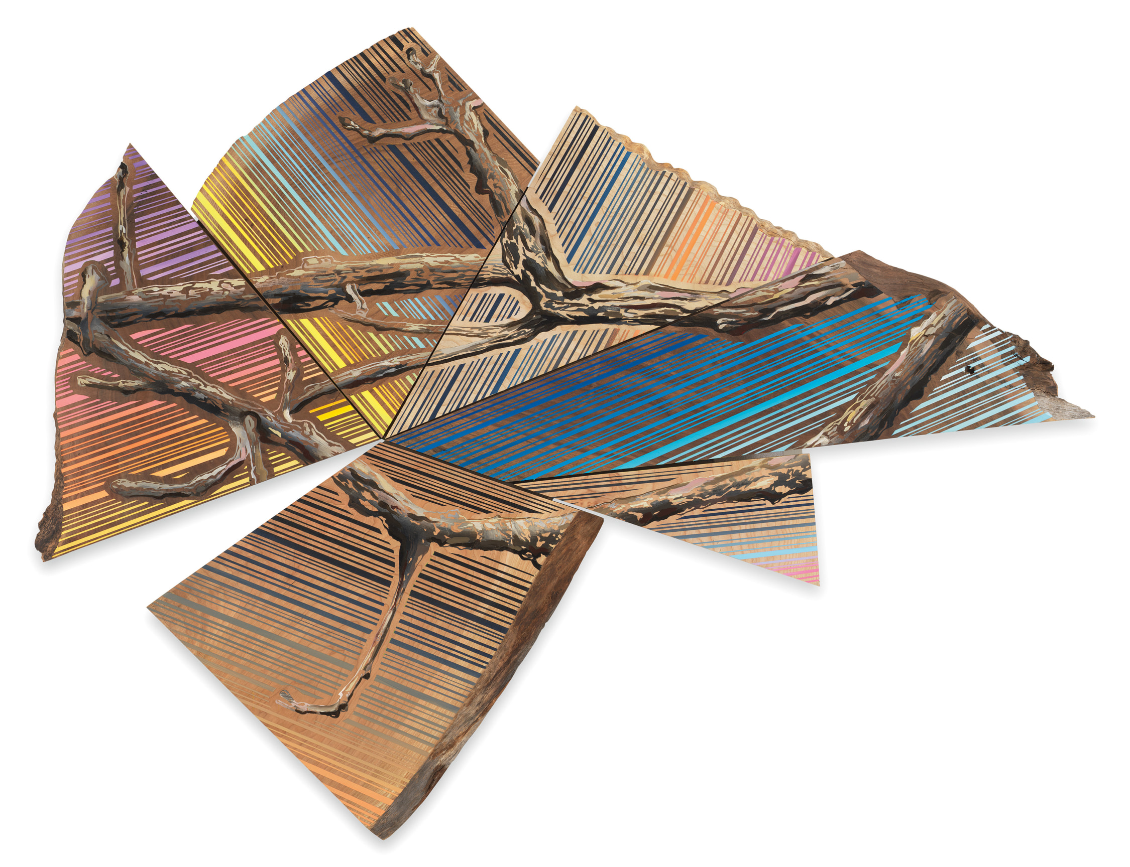 One Branch in Six Skies, 2022, Acrylic on walnut, cherry and maple, 39 1/2 x 52 1/2 x 2 inches, 100.3 x 133.4 x 5.1 cm, MMG#34279