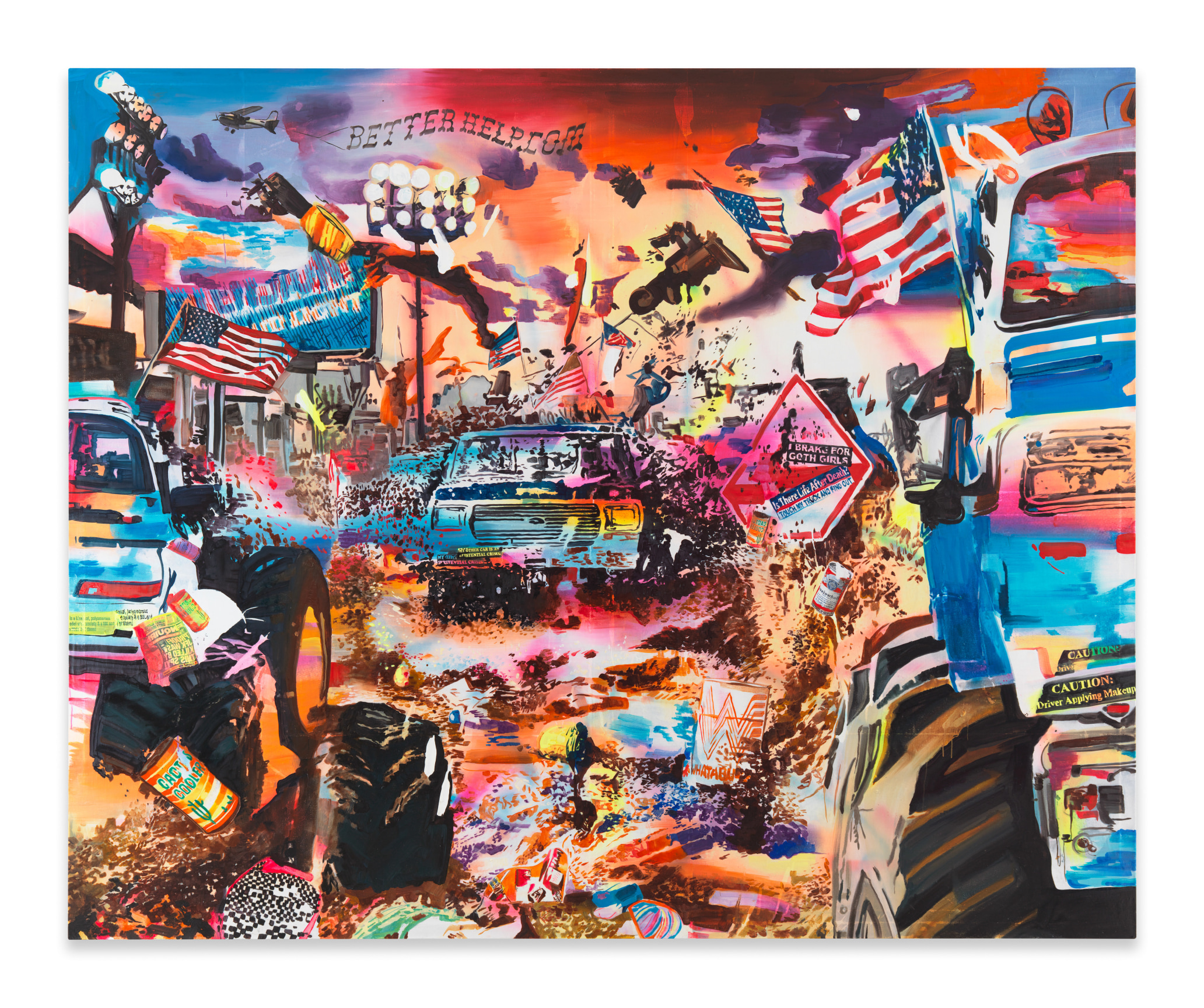 Monster Jam Sponsored By BetterHelp.com, 2024, Acrylic, spray paint, photo transfer, and oil on canvas, 78 x 96 inches, 198.1 x 243.8 cm, MMG#36512