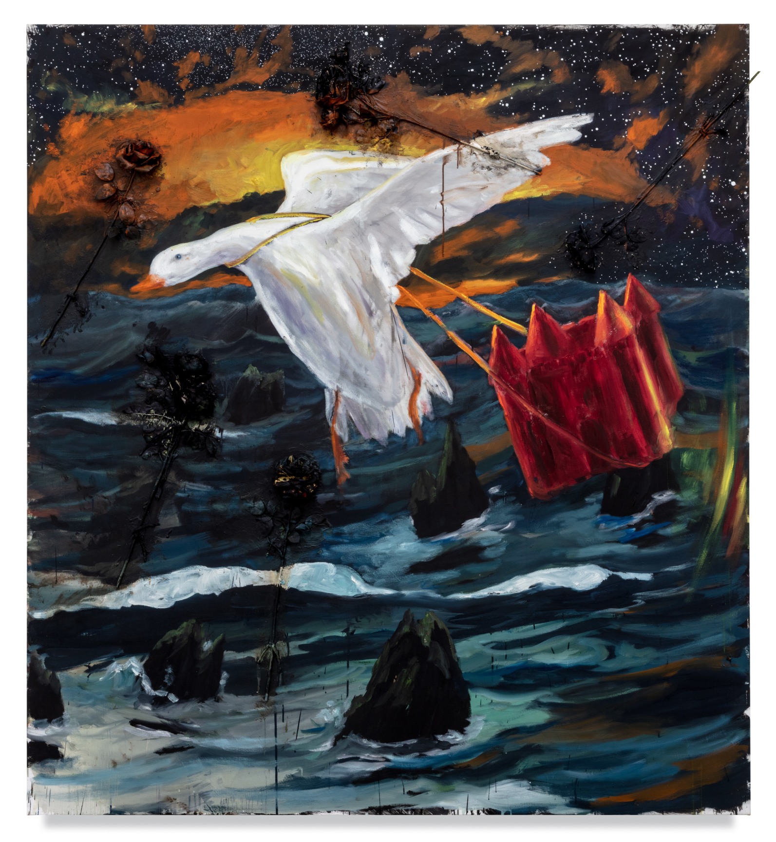 El principio y el final (The Beginning and The End), 2022, Oil, wax, tar and silk flowers on canvas, 82 x 75 inches, 208.3 x 190.5 cm, MMG#34650