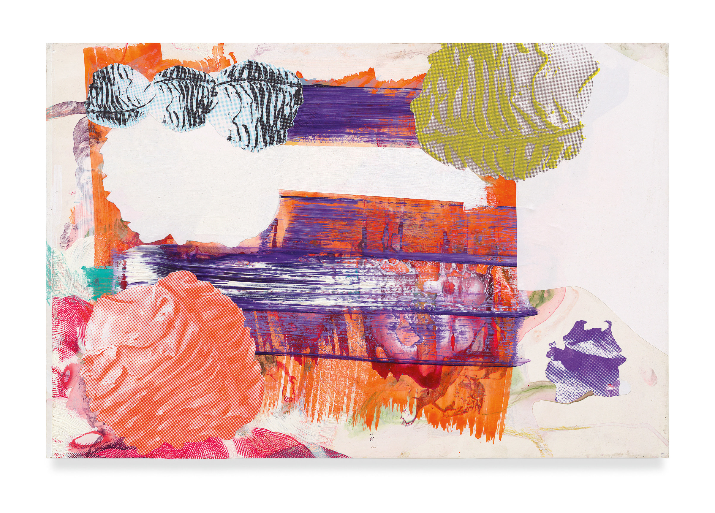 bric-&aacute;-brac R, 2020, Oil, acrylic, silkscreen and stonepaper laid on wood, 15 3/4 x 23 5/8 inches, 40 x 60 cm, MMG#35799