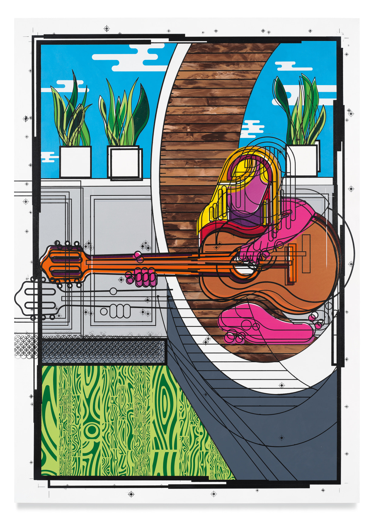 Girl with Guitar, 2022, Acrylic and metal leaf on canvas, 84 x 60 inches, 213.4 x 152.4 cm, MMG#34682