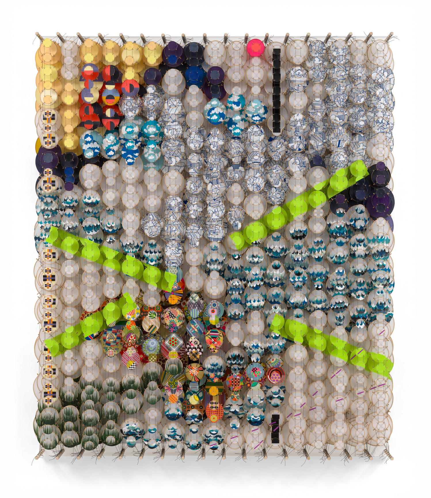 No, No My Friends, We Will Not, 2025, Acrylic, paper, bamboo, wood, and Dacron,