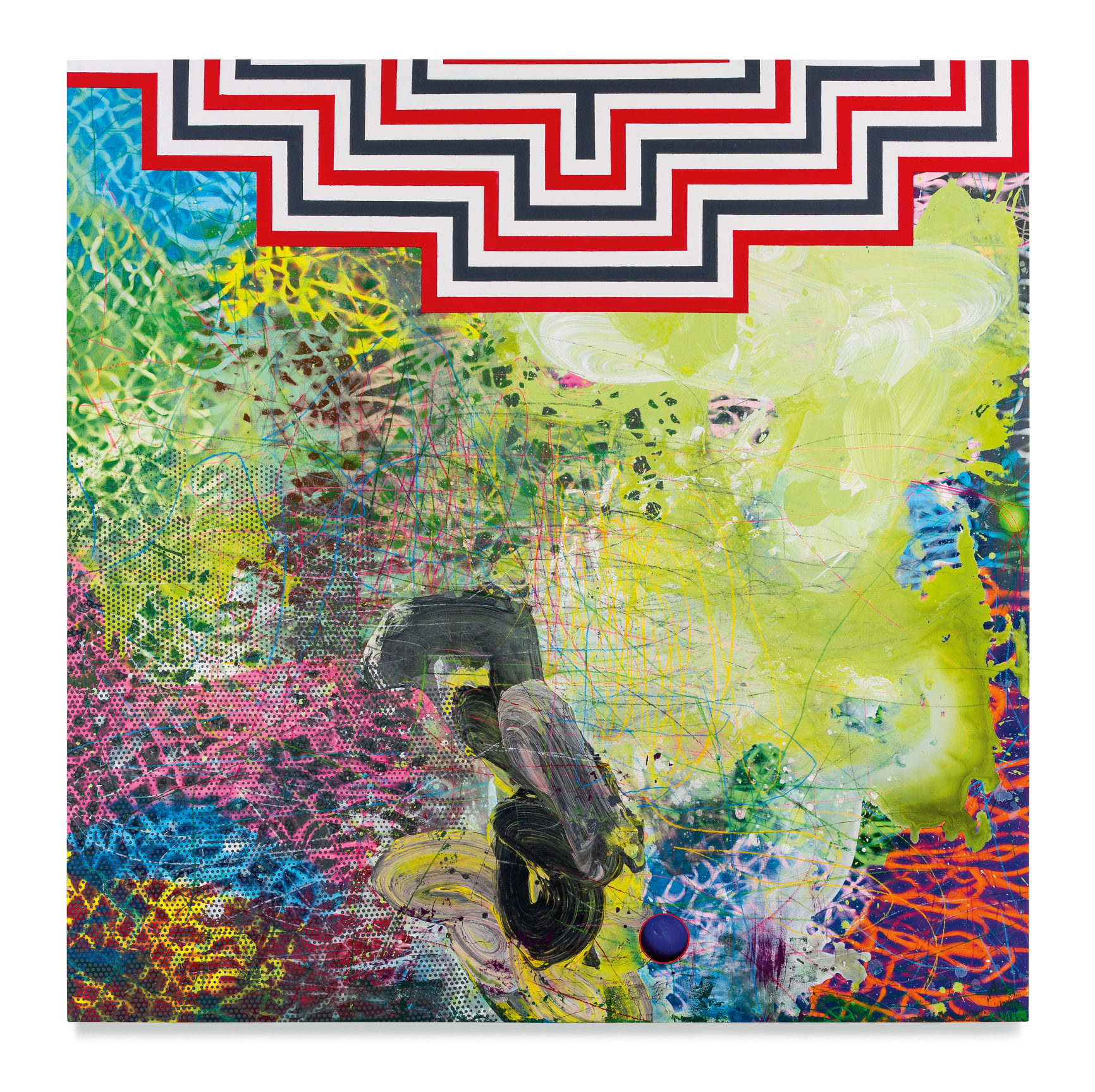 Ogun, 2022, Acrylic, oil, collage, spray paint and color pencil on wood panel, 60 x 60 inches, 152.4 x 152.4 cm, MMG#34492