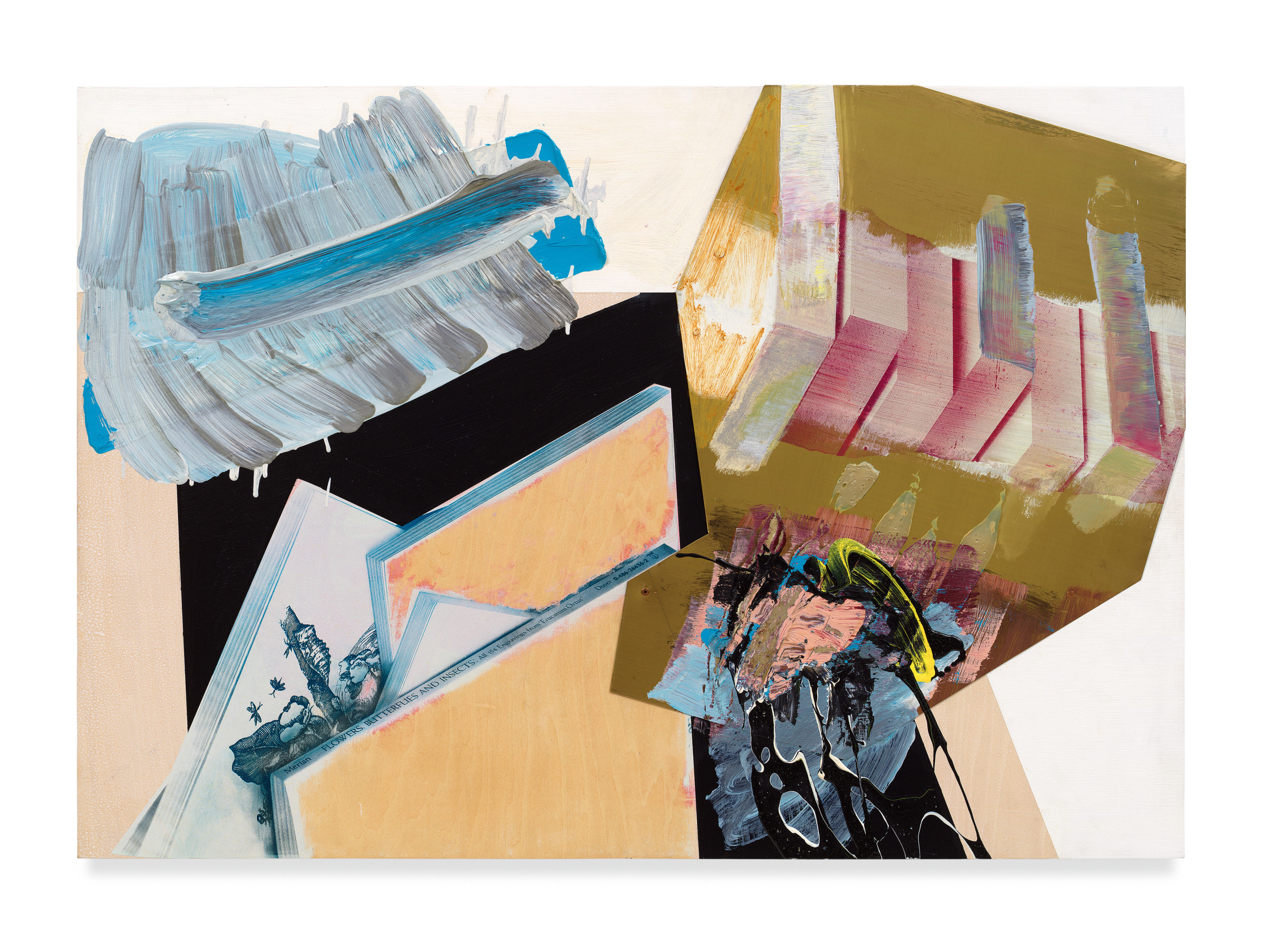 bolted cover 3, 2010, Oil, silkscreen, and brass on wood, 27 1/2 x 39 3/8 inches, 70 x 100 cm, MMG#35749