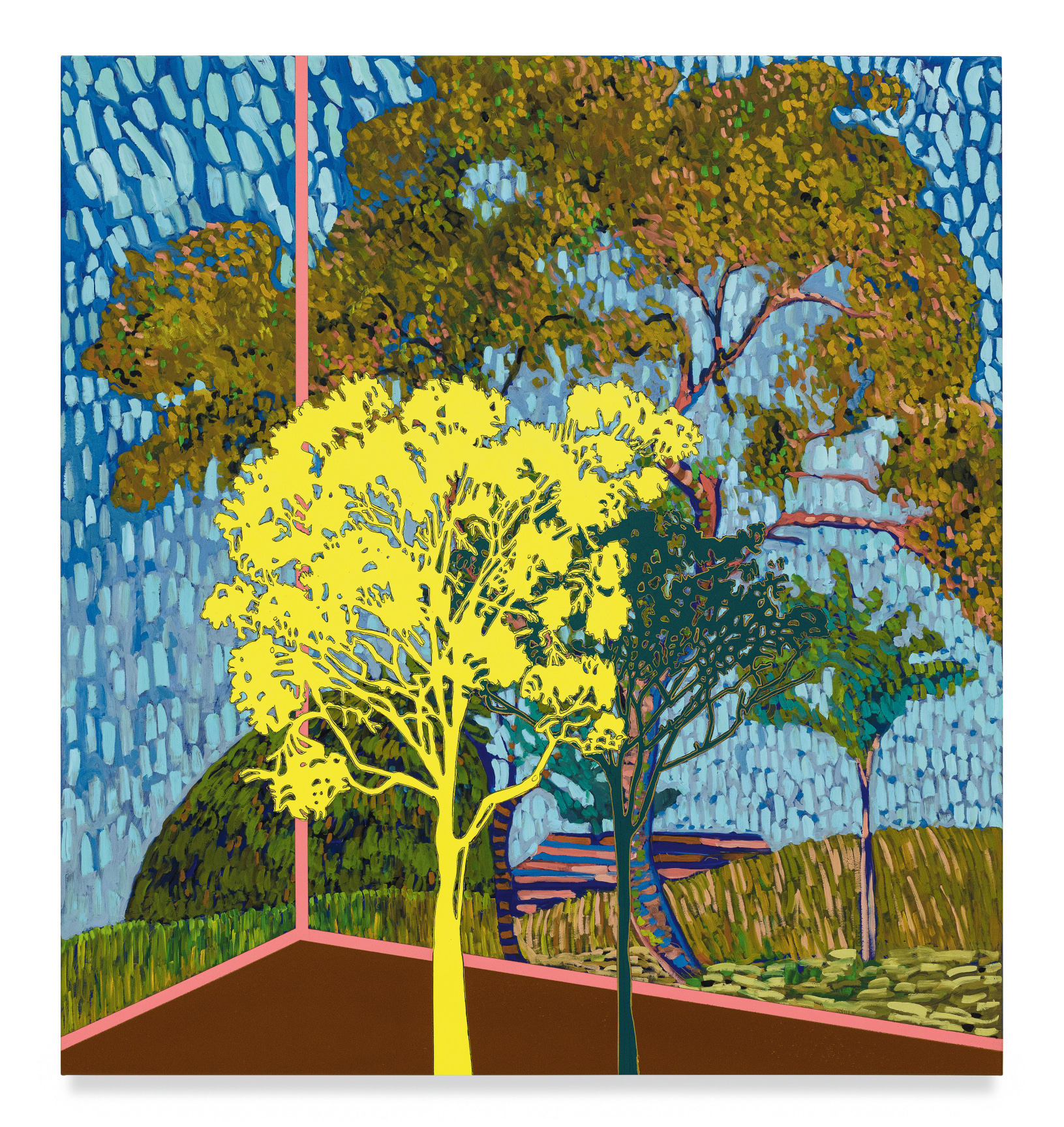 Veduta (Amiet Baum in Abendsonne), 2023, Ink and oil on linen on panel,