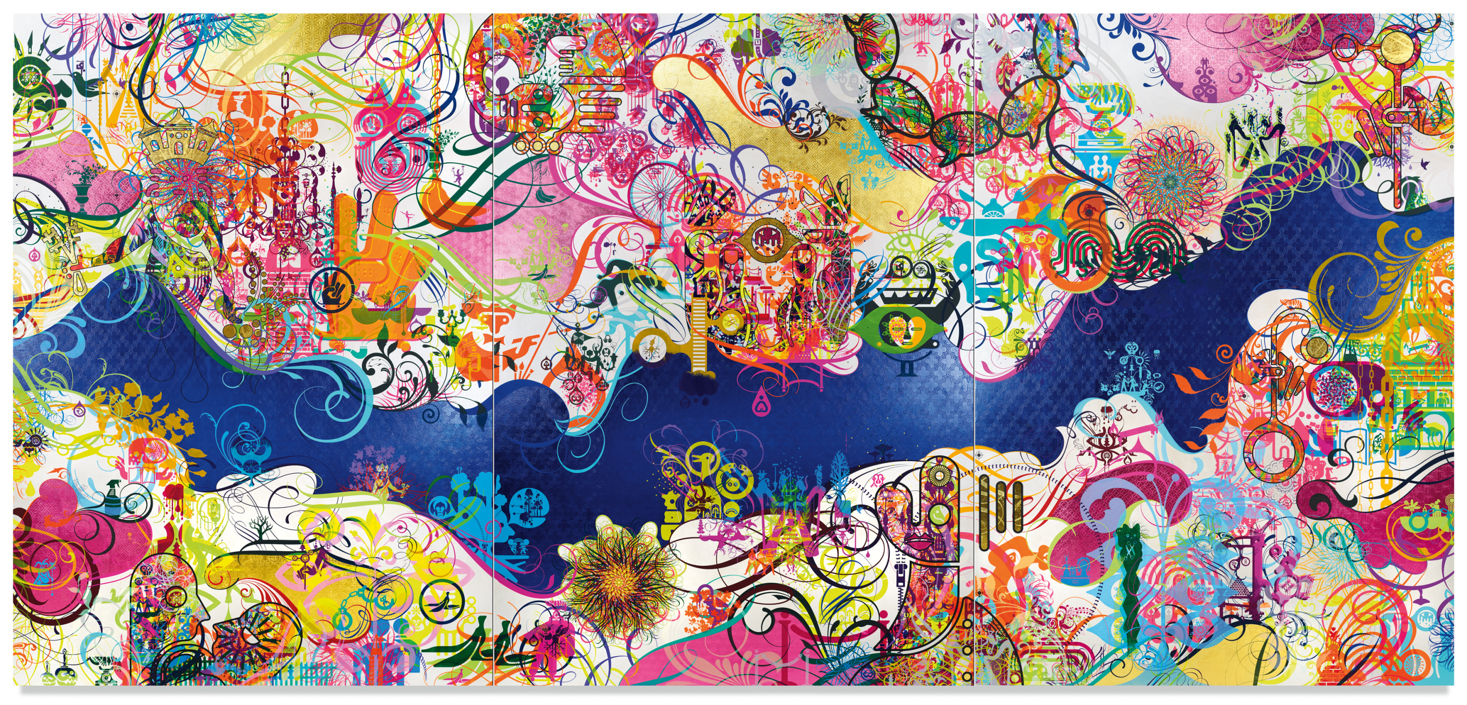 Perception Management, 2020, Acrylic and metal leaf on wood panel, triptych, 84 x 180 inches, 213.4 x 457.2 cm, MMG#33829