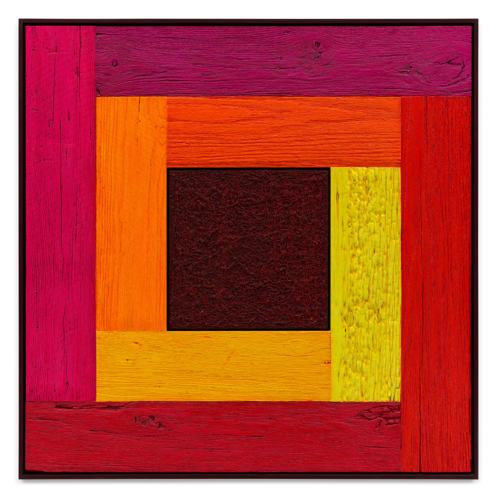 Untitled (Tree Painting-Coencentric, Spectrum Warm), 2023, Oil on linen and acrylic stain on reclaimed wood with artist frame, 52 x 52 inches, 132.1 x 132.1 cm, MMG#36038