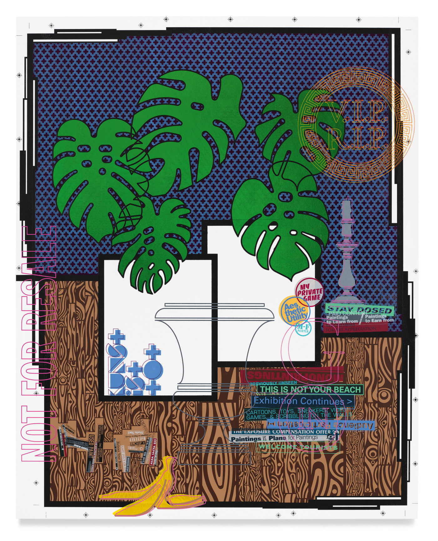 Potted Plant Portrait (V.I.P. R.I.P.), 2022, Acrylic and metal leaf on canvas, 64 x 51.25 inches, 162.6 x 130.2 cm, MMG#34671