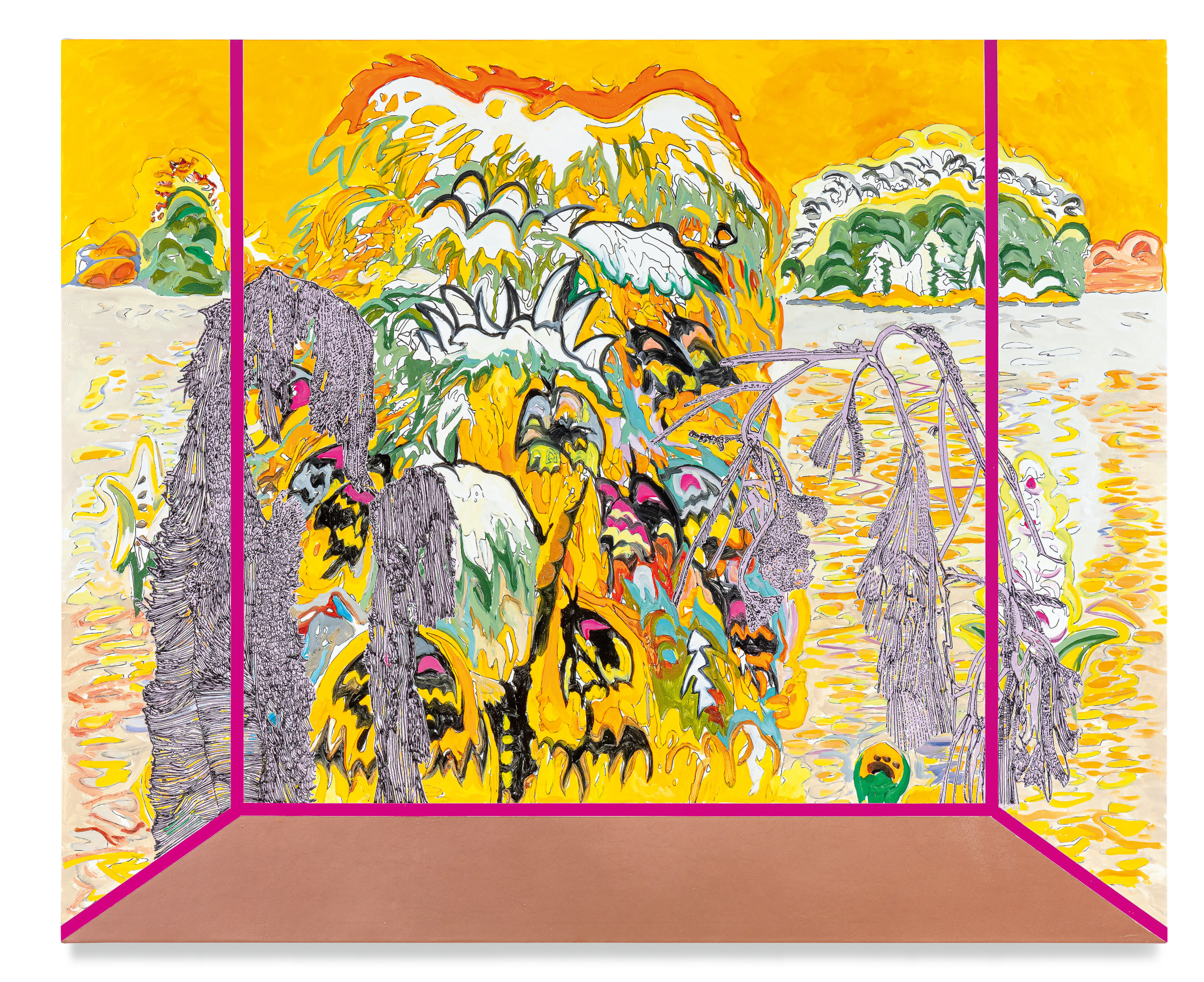 Veduta (Burchfield Dream), 2021, Ink and oil on linen on hybrid panel, 32 1/2 x 39 3/4 inches, 82.6 x 101 cm, MMG#33217