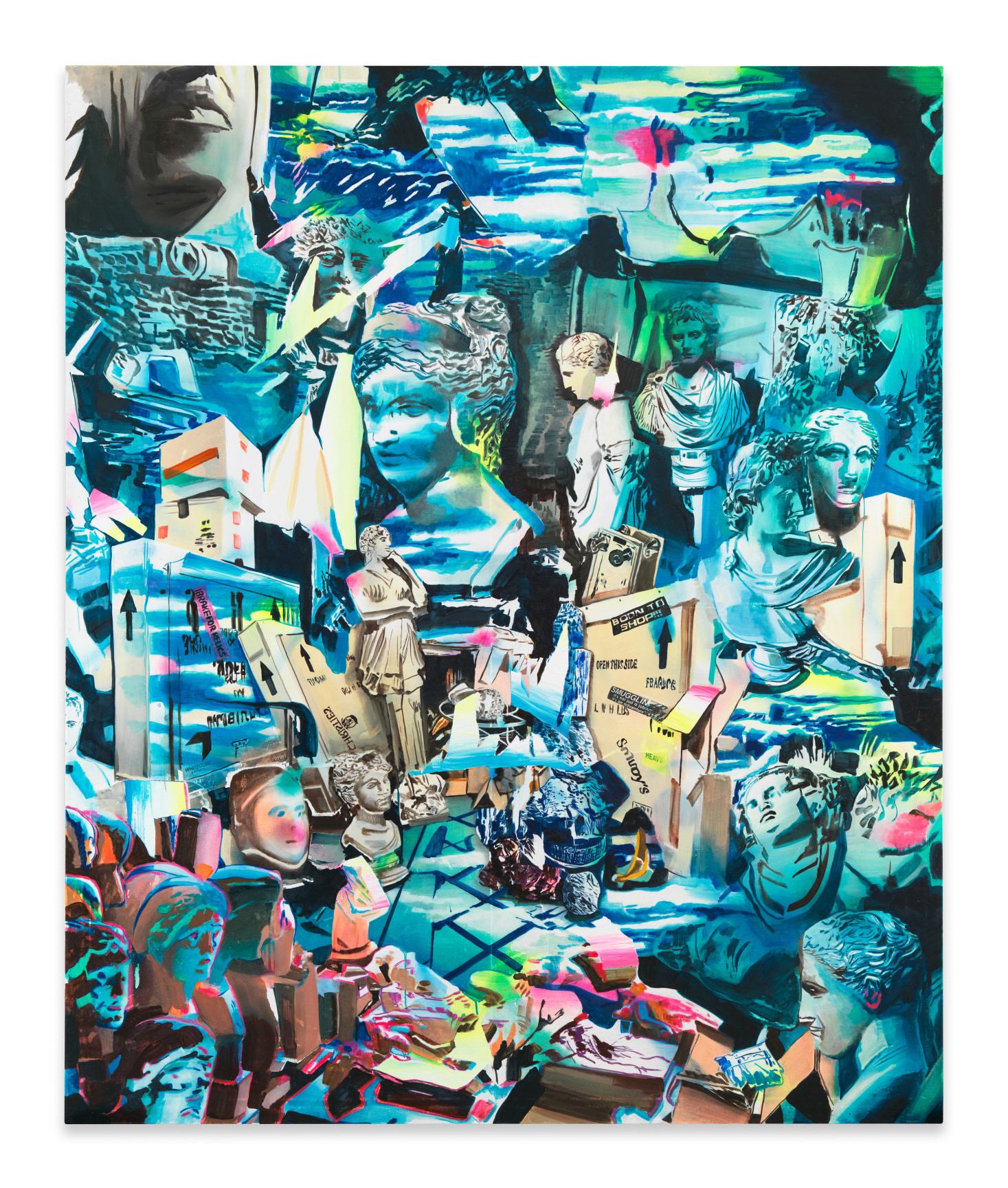 Looted, 2024, Acrylic, spray paint, photo transfer, and oil on canvas, 84 x 70 inches, 213.4 x 177.8 cm, MMG#36513