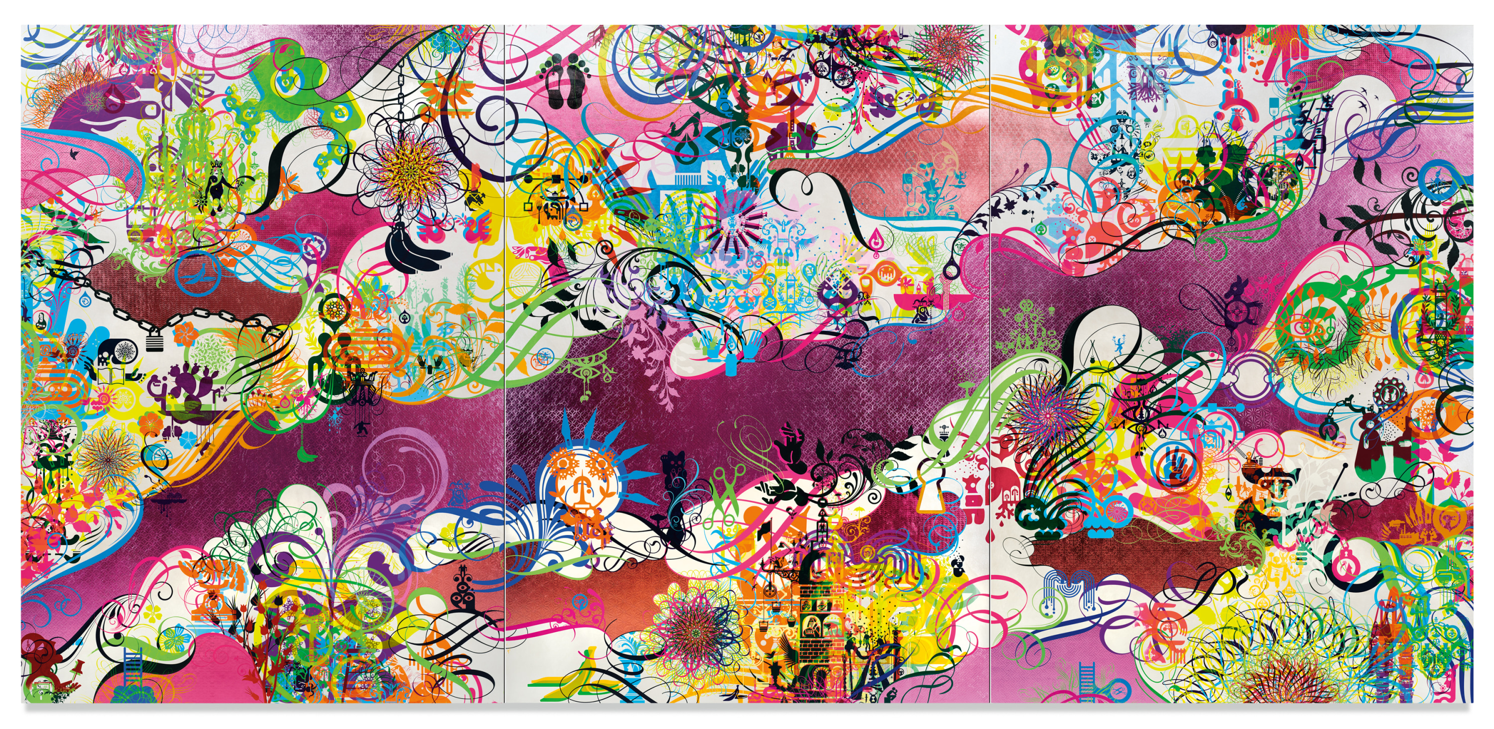 Pedaling in Sauerkraut, 2020, Acrylic and metal leaf on wood panel, triptych, 84 x 180 inches, 213.4 x 457.2 cm, MMG#33828