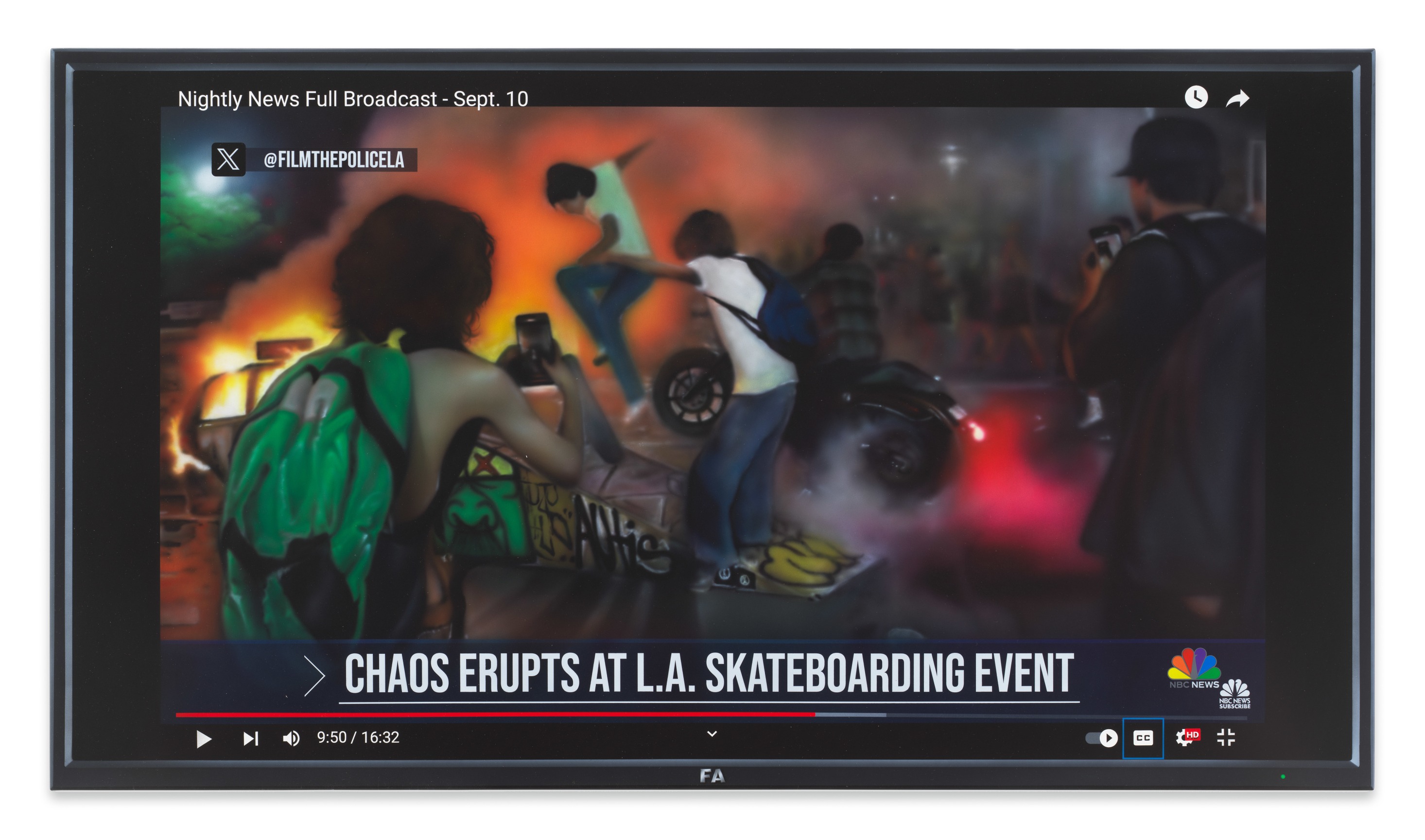 Mario Ayala,&nbsp;FA Newscast, 2024, Acrylic on canvas, 24 1/2 x 43 3/4 inches, 121.9 x 121.9 cm, MMG#36593