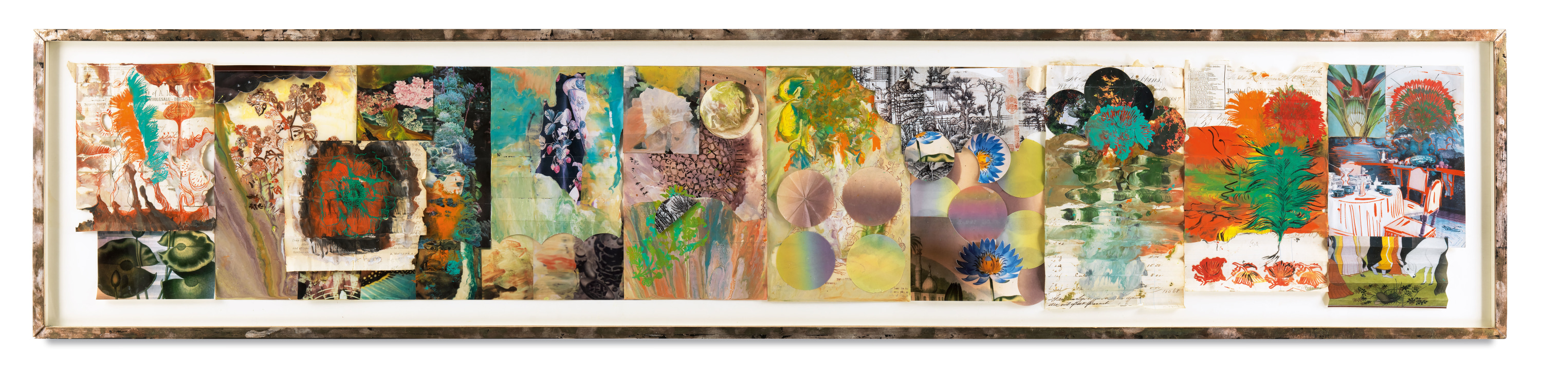 Ragamala 14, 2013,&nbsp;Oil stick, encaustic, vintage Chinese and American documents, in artist&#039;s frame,&nbsp;18.25 x 86.75 inches,&nbsp;46.4 x 220.3 cm,&nbsp;MMG#30651