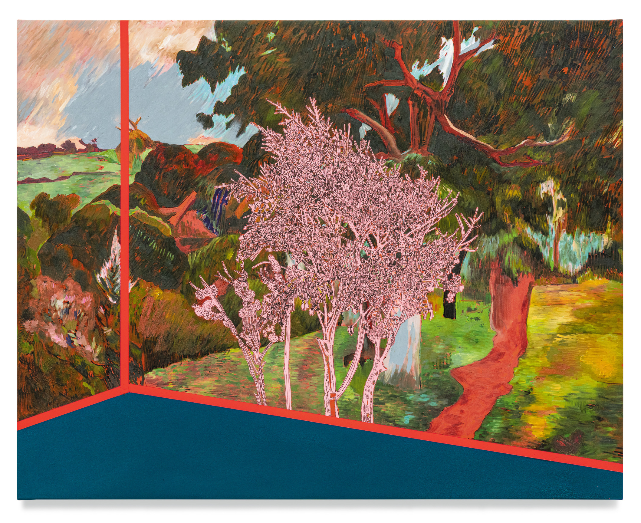 Veduta (Gauguin Coming and Going), 2021, Ink and oil on linen on hybrid panel, 28 1/2 x 36 inches, 72.4 x 91.4 cm,&nbsp;MMG#33222