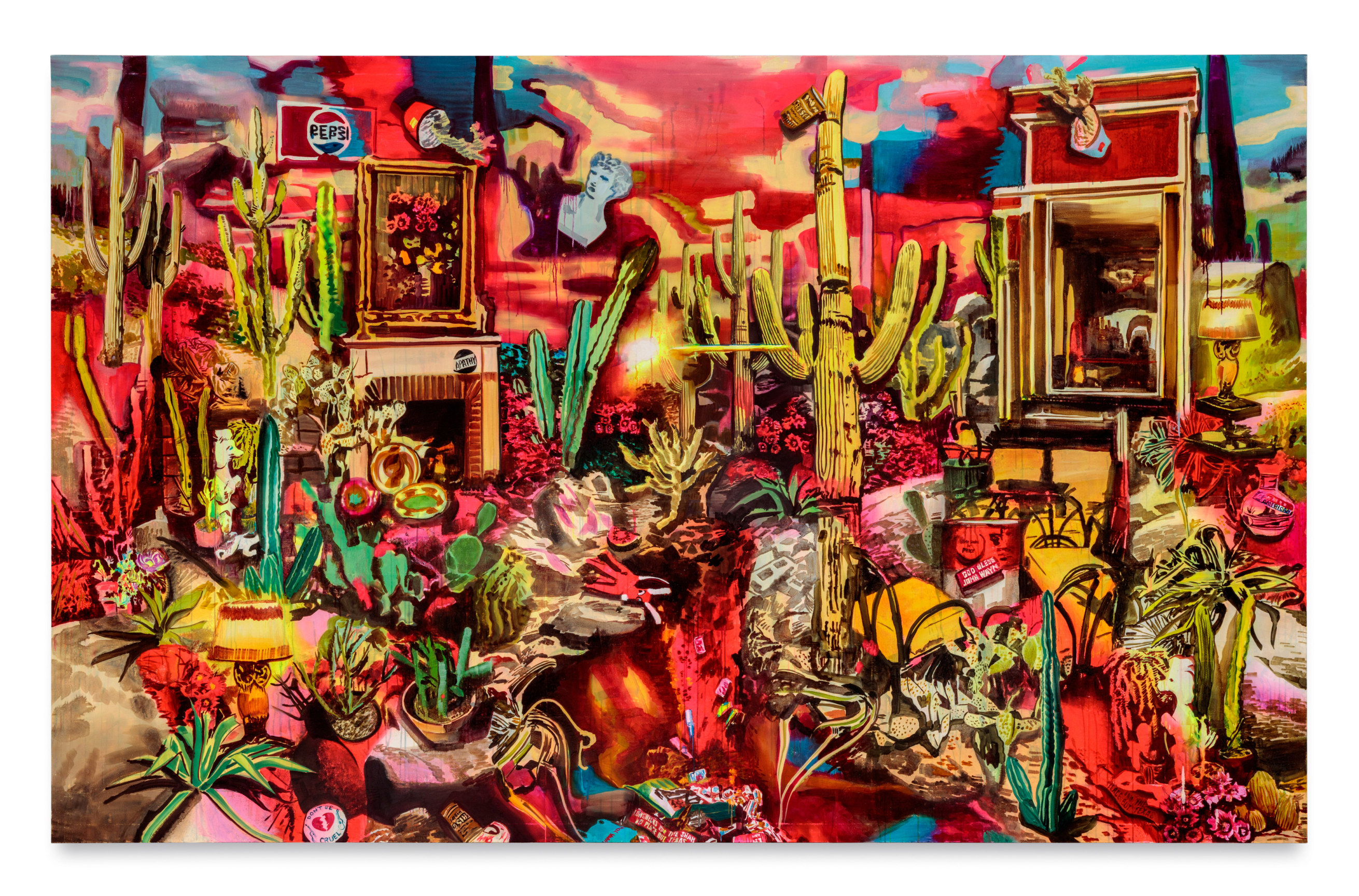 All That Remains, 2022, Acrylic, spray paint, photo transfer, and oil on canvas, 84 x 128 inches, 213.4 x 325.1 cm