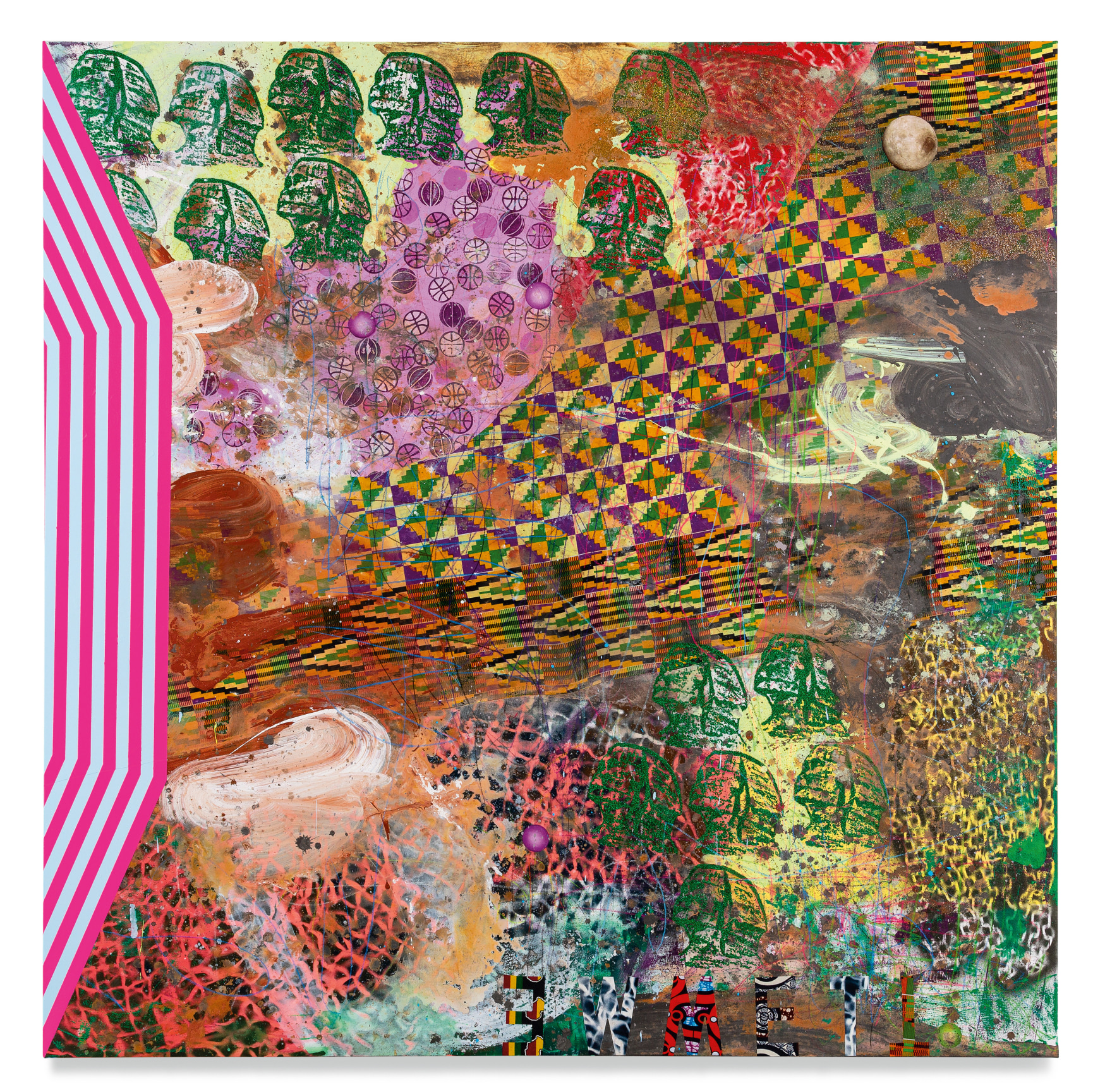 The Awakening, 2022, Acrylic, oil, spray paint, African cloth, glitter, photo collage and color pencil on canvas, 77 x 77 inches, 195.6 x 195.6 cm, MMG#34369