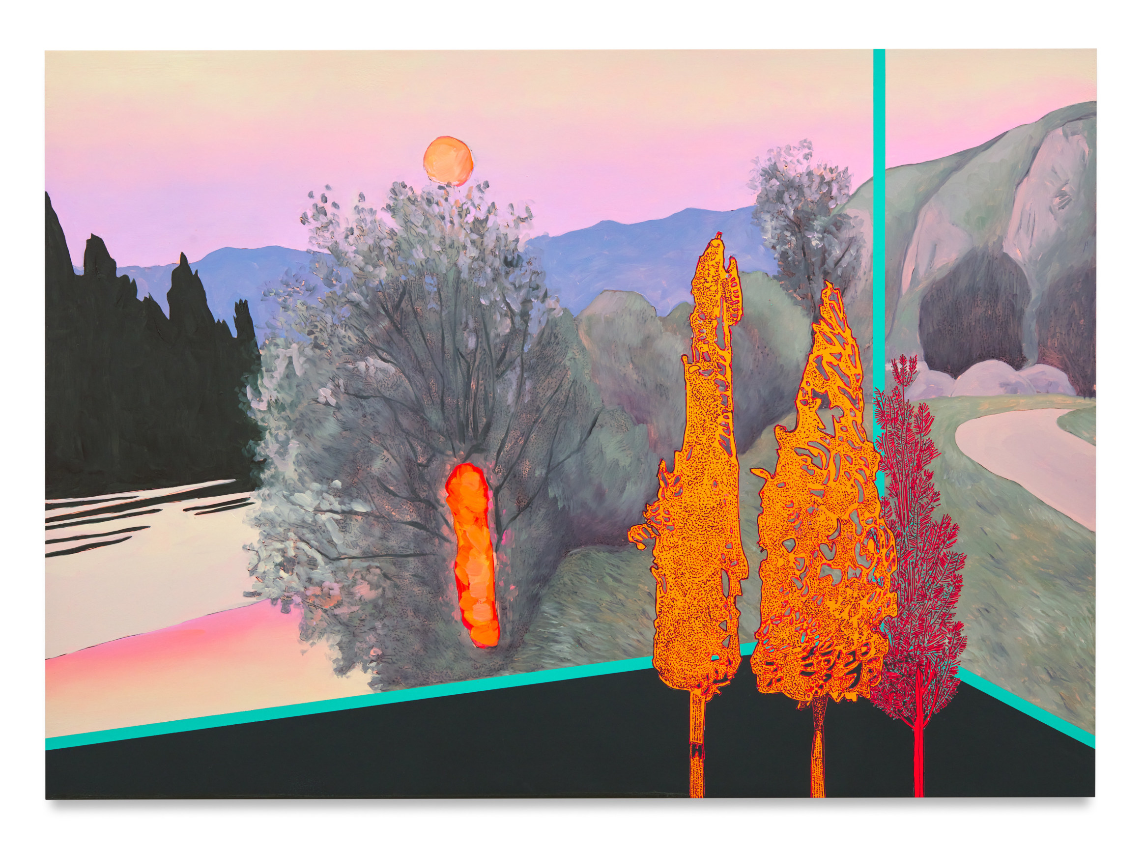 Veduta (Vallotton Evening), 2022, Ink and oil on linen on hybrid panel, 30 x 42 inches, 76.2 x 106.7 cm, MMG#34540