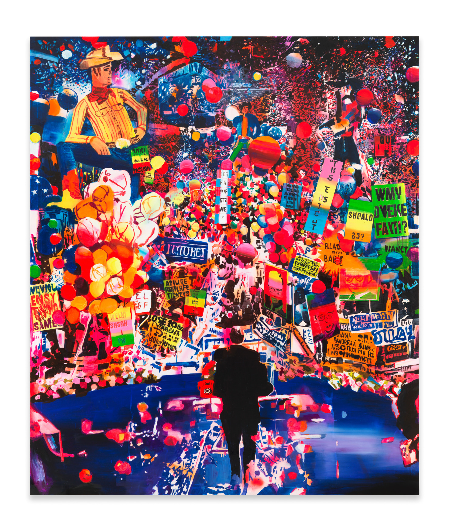 Confusion of Tongues, 2024, Acrylic, spray paint, photo transfer, and oil on canvas, 84 x 70 inches, 213.4 x 177.8 cm, MMG#36625