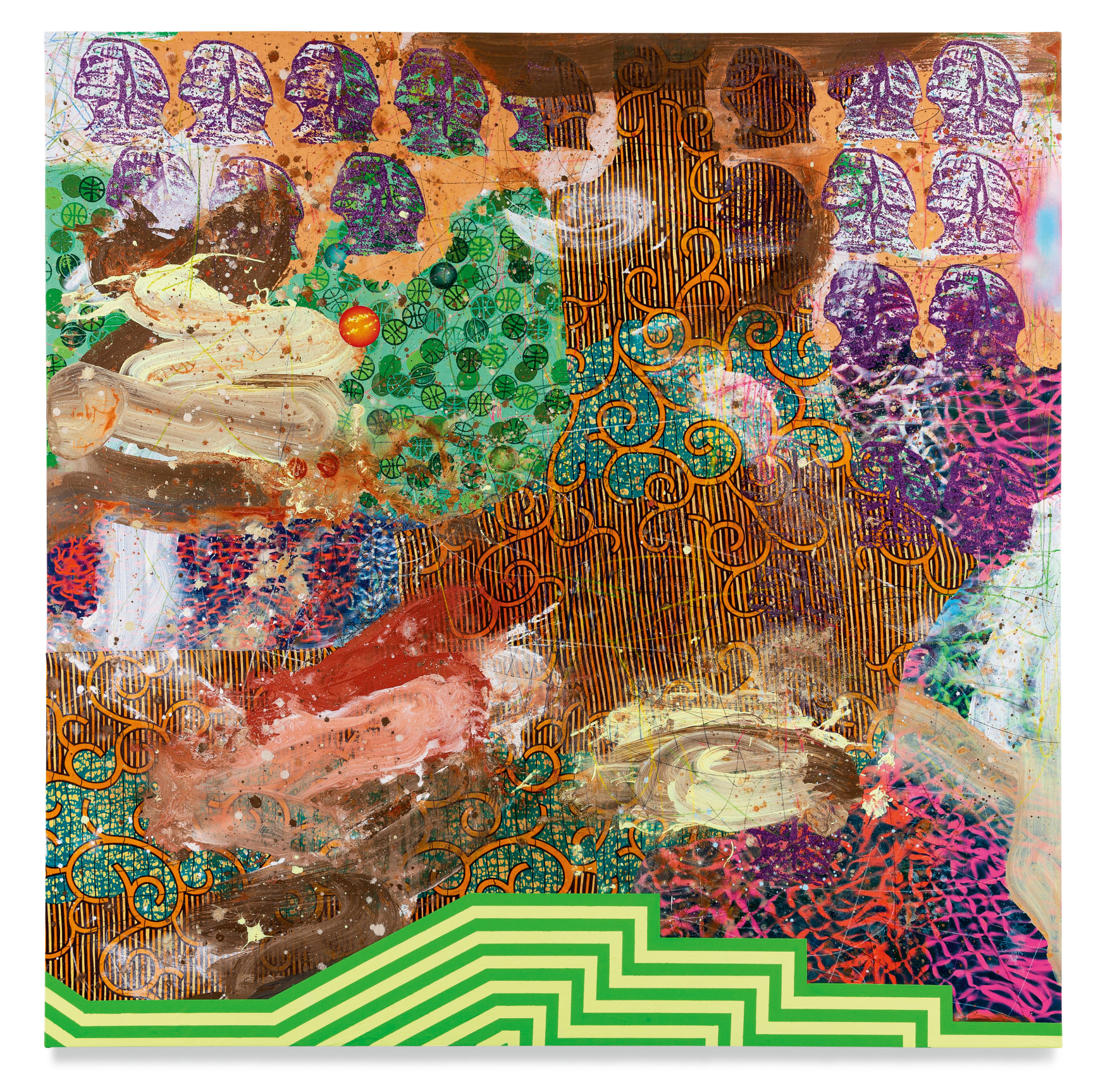 Children of the Sun, 2022, Acrylic, oil, spray paint, African cloth, glitter, photo collage and color pencil on canvas, 77 x 77 inches, 195.6 x 195.6 cm, MMG#34509