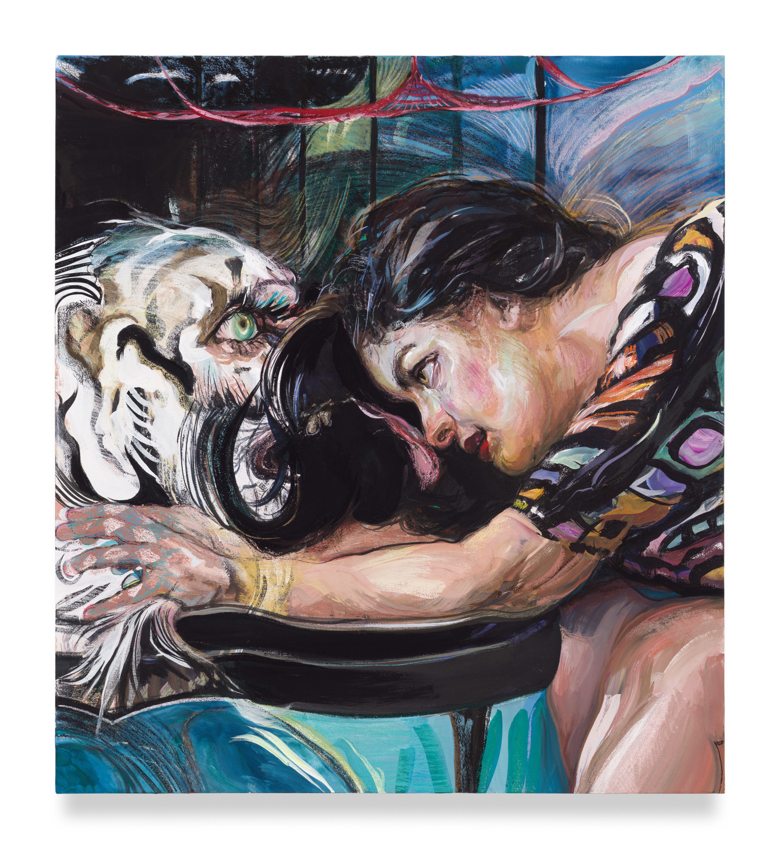 Woman with Lion I, 2022, Mixed media on canvas, 44 1/4 x 40 inches, 112.4 x 101.6 cm, MMG#35413