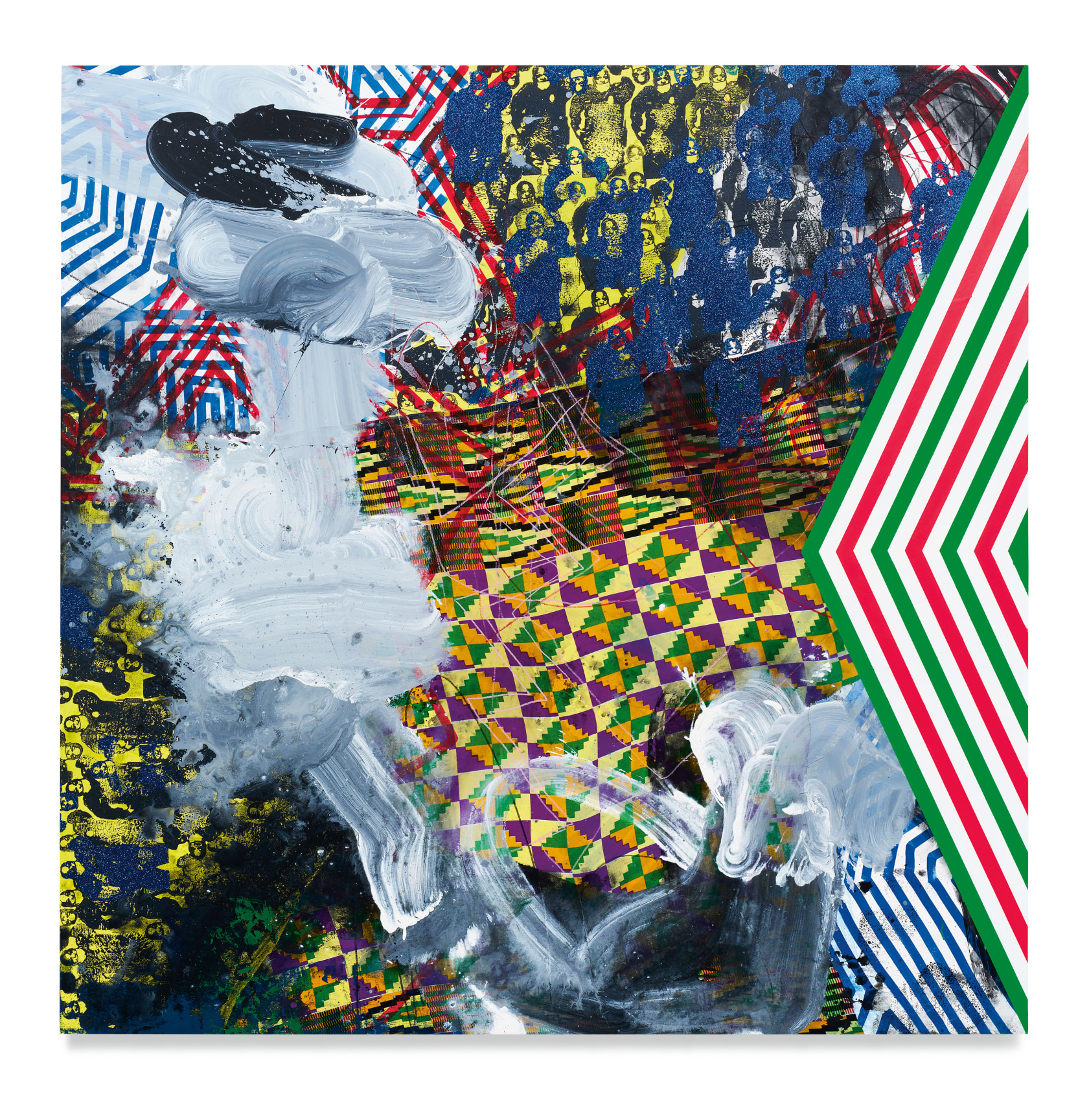 Africano, 2021, Acrylic, oil, spray paint, African cloth, glitter and color pencil on wood panel, 60 x 60 inches, 152.4 x 152.4 cm, MMG#33354