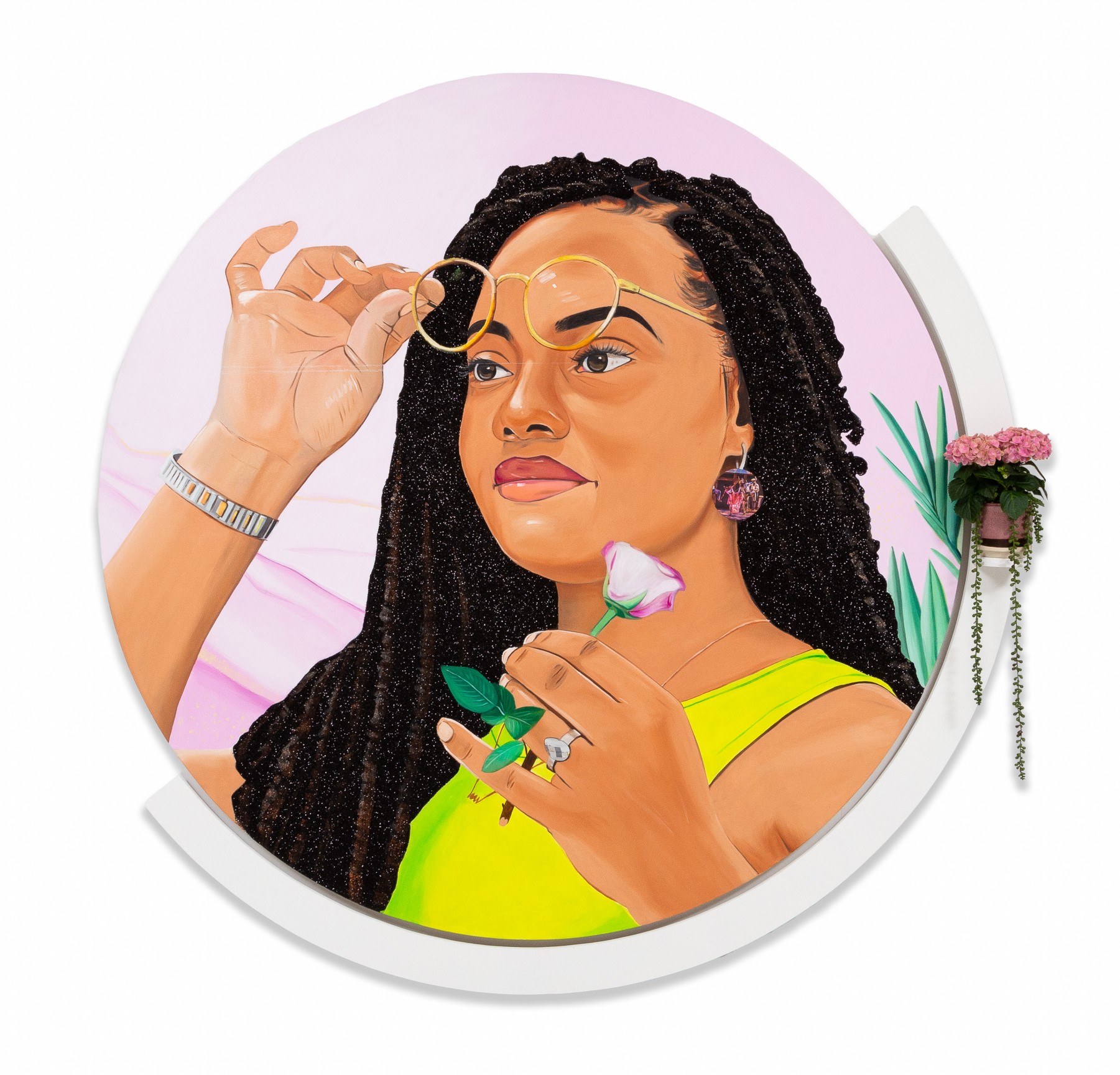 The First Time I Ever Saw Your Face, 2023, Oil, acrylic, glitter, and rhinestones on canvas with mounted plants on framed ledge, 84 x 84 x 4 inches, 213.4 x 213.4 x 10.2 cm, MMG#36657