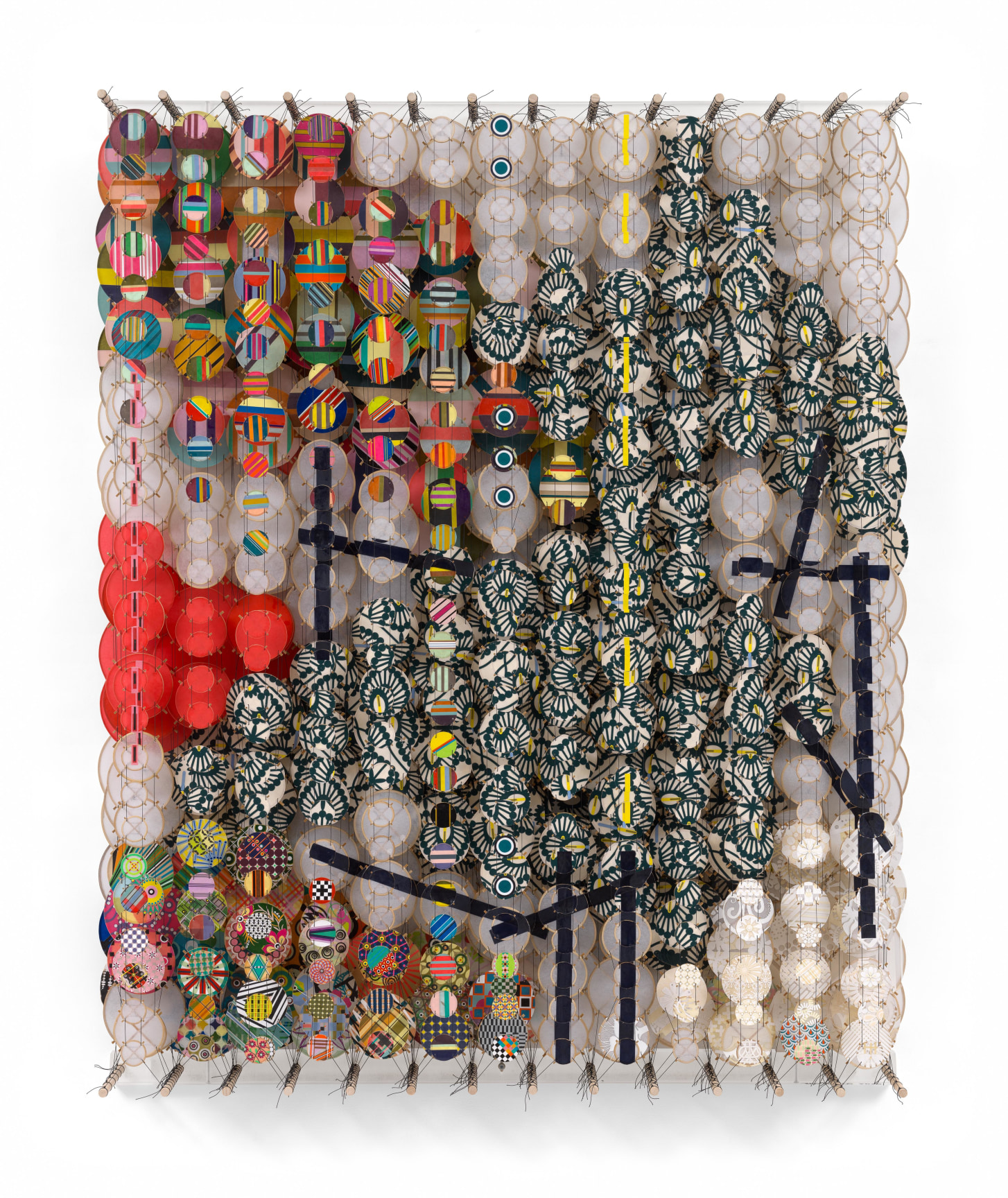 What!? - I? Who?, 2025, Acrylic, paper, bamboo, wood, and Dacron,