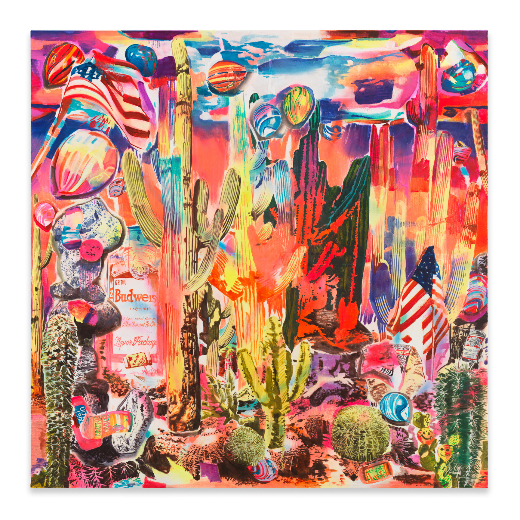 Fragility (Pax Americana), 2023, Acrylic, spray paint, photo transfer, and oil on canvas, 67 x 67 inches, 170.2 x 170.2 cm, MMG#36440