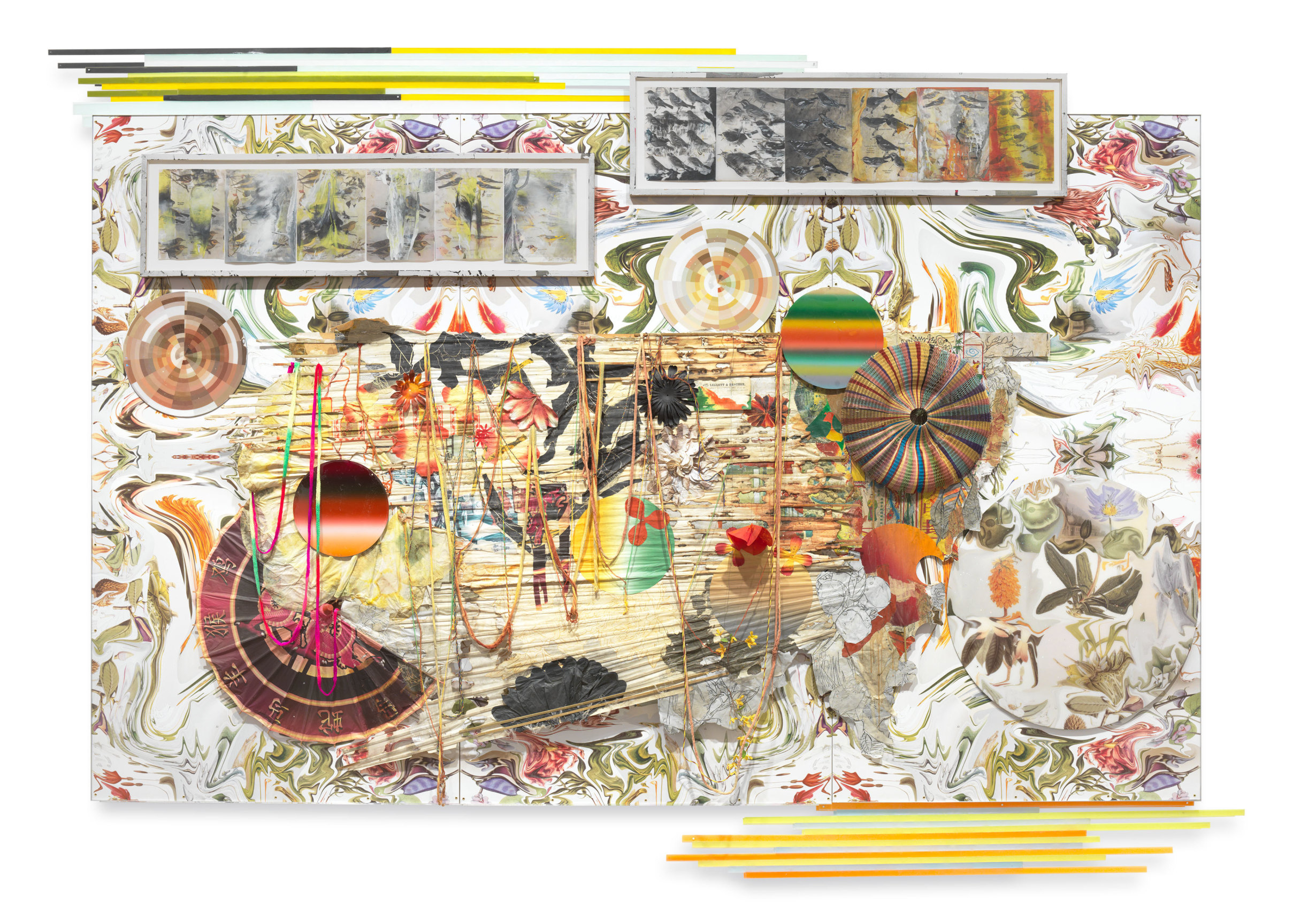 Quartet Four, 2018,&nbsp;Photographic inspired digital image, aluminum discs, paper, thread, wood, drawings in artist&#039;s frames,&nbsp;85 x 132 x 2 inches,&nbsp;215.9 x 335.3 x 5.1 cm,&nbsp;MMG#30471