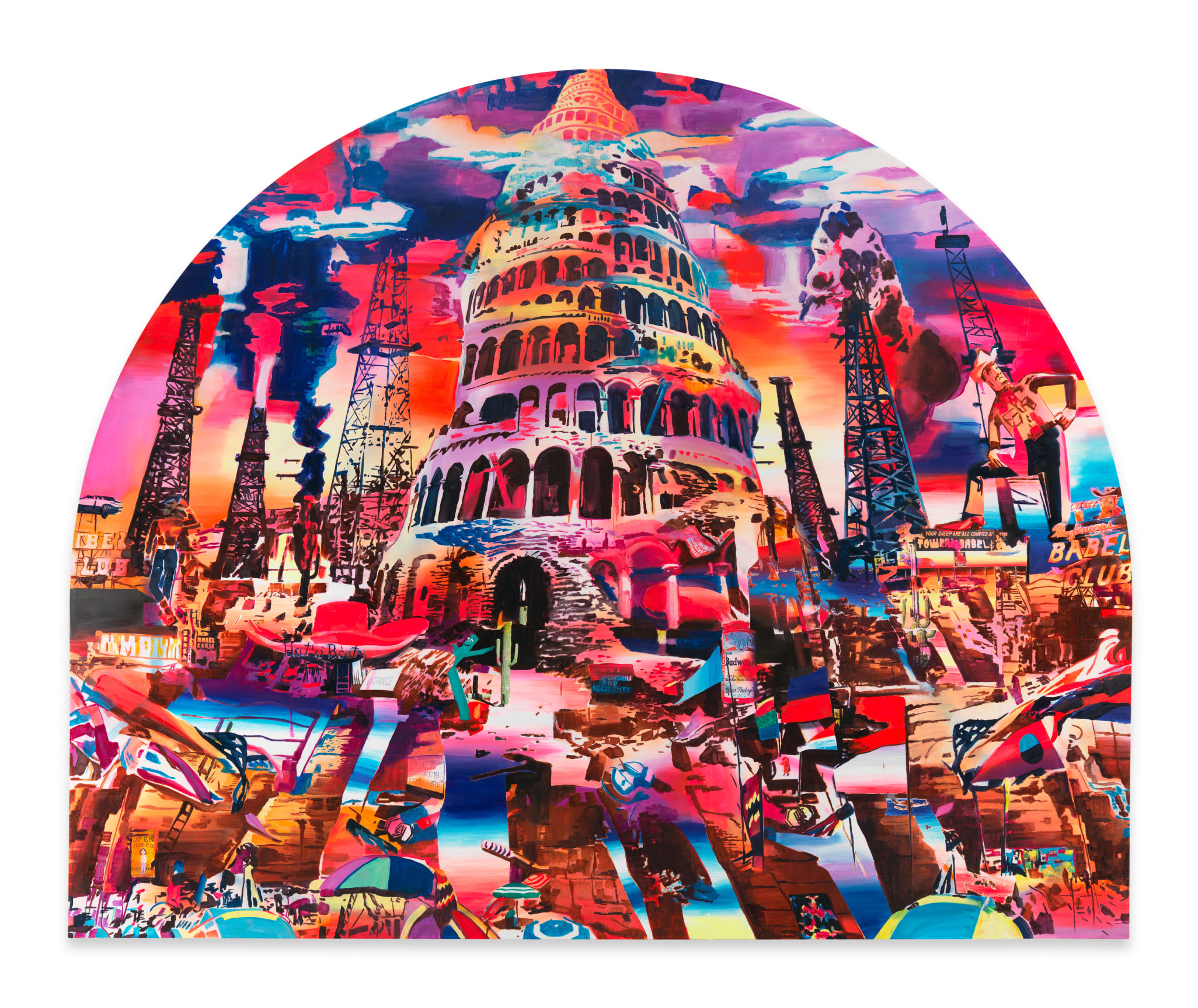 Tower of Babel, 2024, Acrylic, spray paint, photo transfer, and oil on canvas, 110 x 90 inches, 279.4 x 228.6 cm, MMG#36622