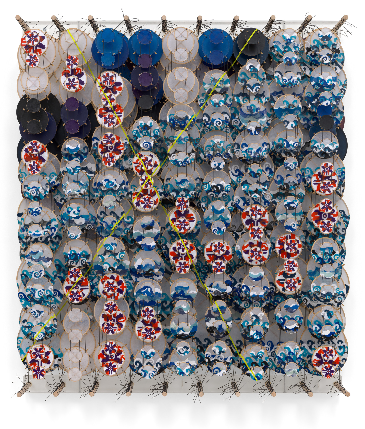 I Too Await, 2023, Acrylic, bamboo, paper, wood, and Dacron,