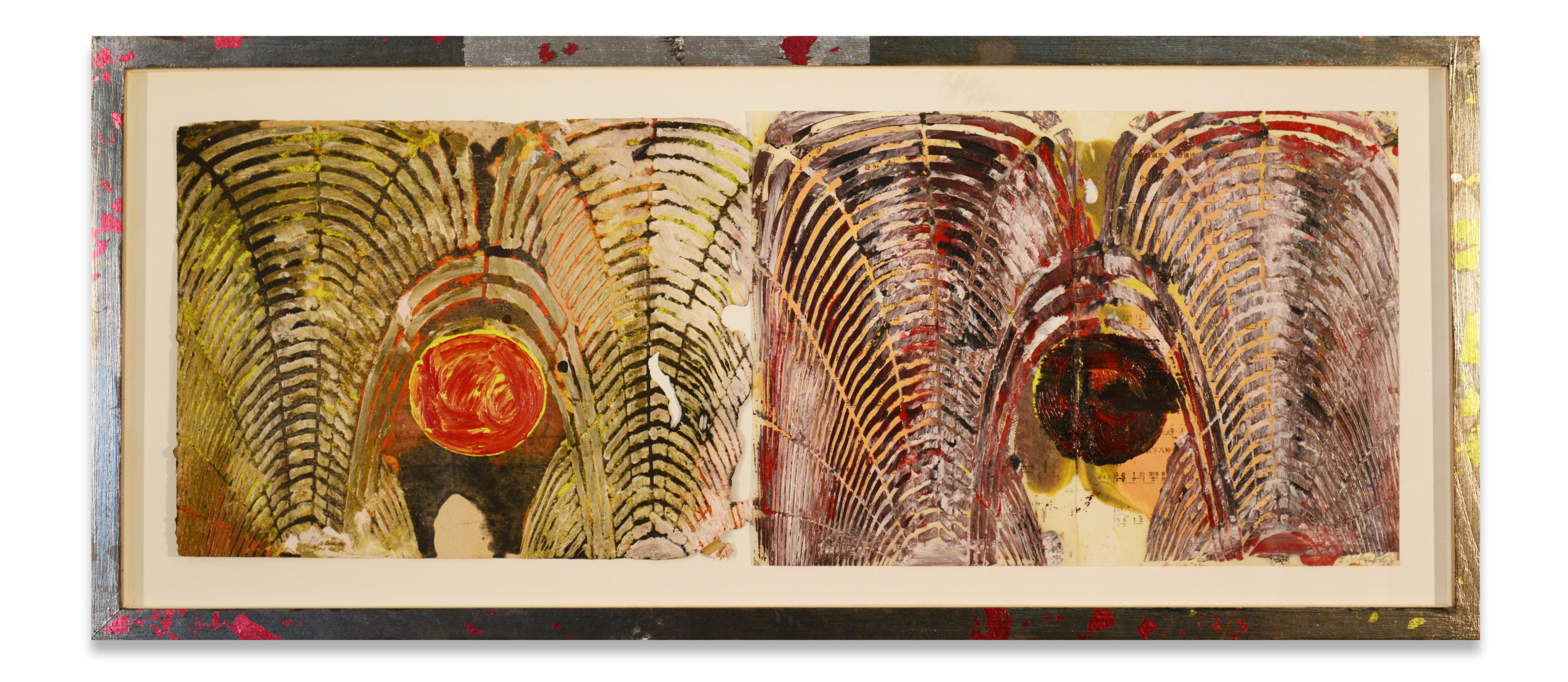 Cloister (1), 2018,Chinese book papers, oil stick, encaustic in artist&#039;s frame,&nbsp;13 1/2 x 31 x 1 1/4 inches,&nbsp;34.3 x 78.7 x 3.2 cm,&nbsp;MMG#30909