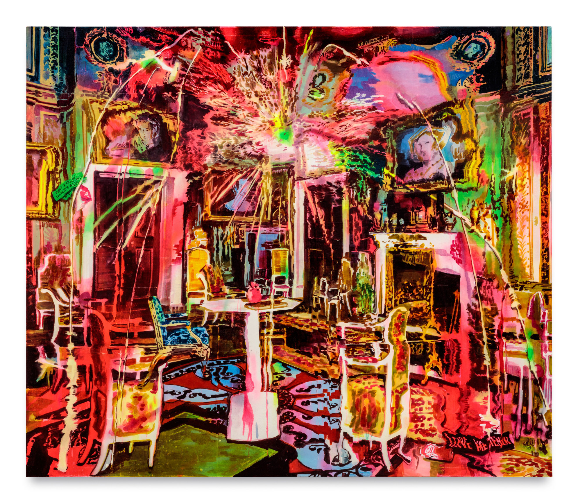 House of Jealous Lovers, 2022, Acrylic, spray paint, photo transfer, and oil on canvas,