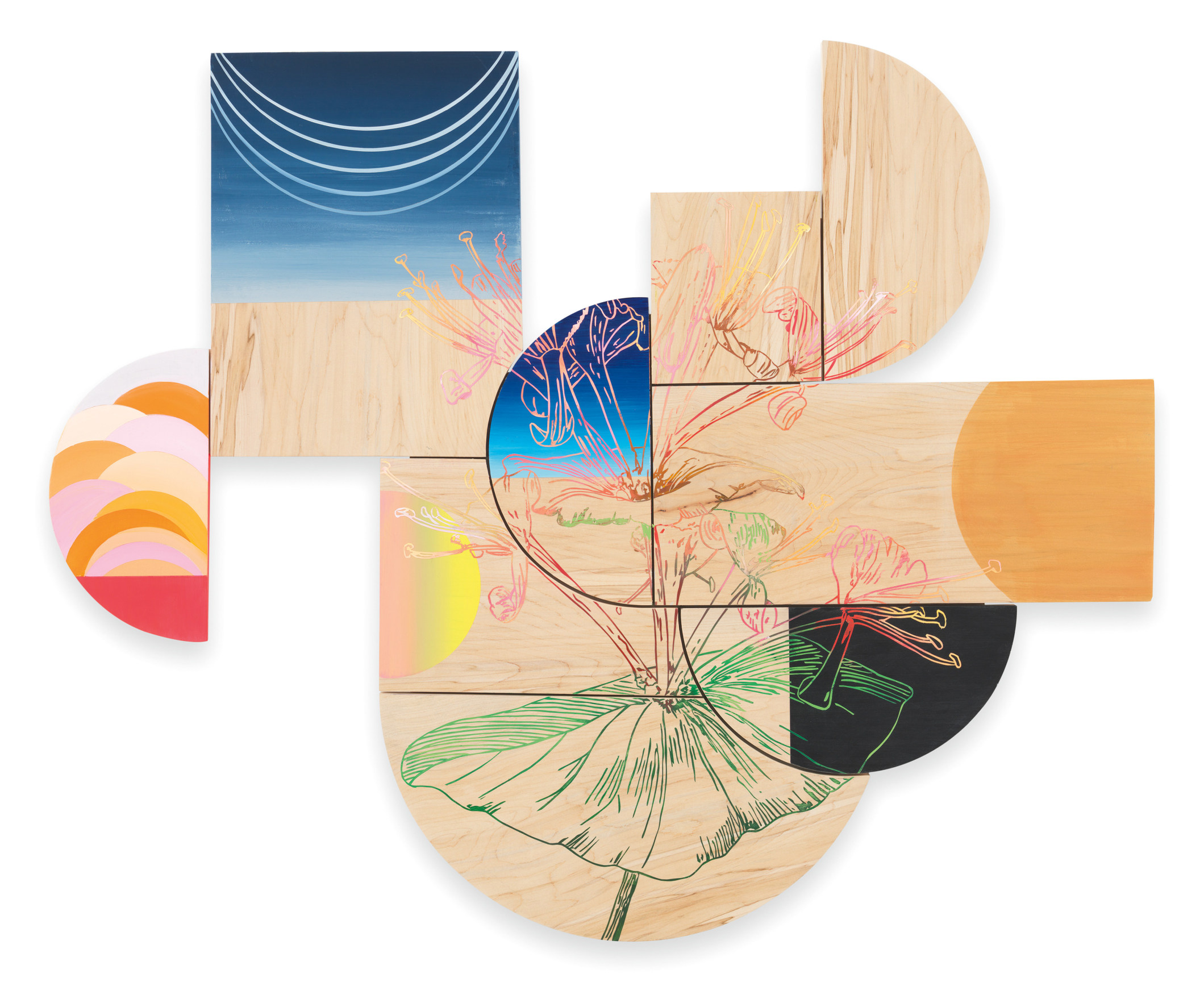 Honeysuckle all the Time, 2022, Acrylic on curly maple, 31 1/4 x 38 3/4 x 2 1/4 inches, 79.4 x 98.4 x 5.7 cm, MMG#34343