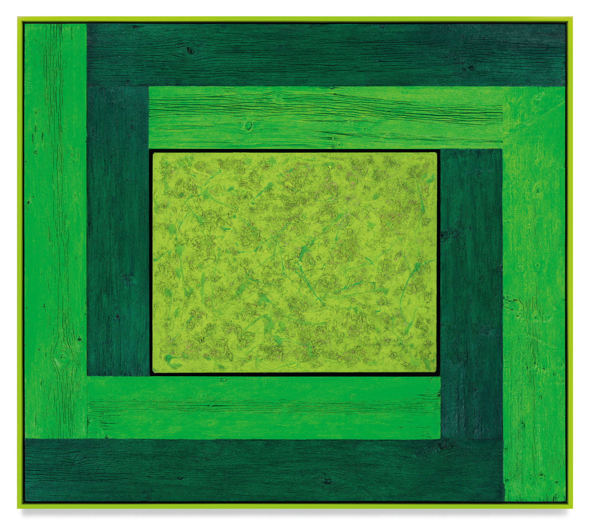 Untitled (Tree Painting-Double L, 3 Greens), 2021, Oil on linen and acrylic stain on reclaimed wood with artist frame, 63 1/4 x 71 1/4 inches, 160.7 x 181 cm, MMG#33108