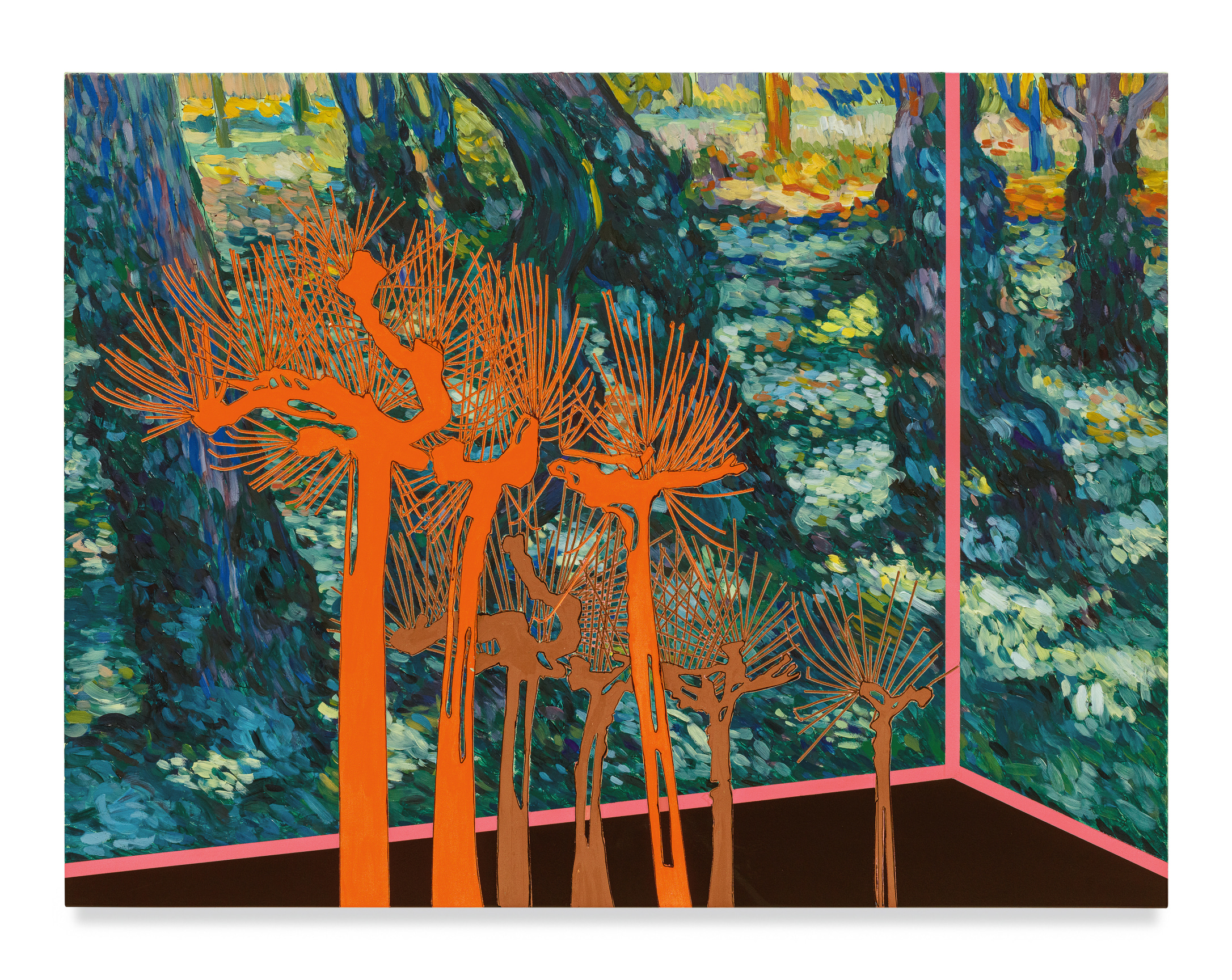 Veduta (Van Gogh Sous-Bois), 2023, Ink and oil on linen on panel, 28 x 37 x 2 inches, 71.1 x 94 x 5.1 cm, MMG#35765