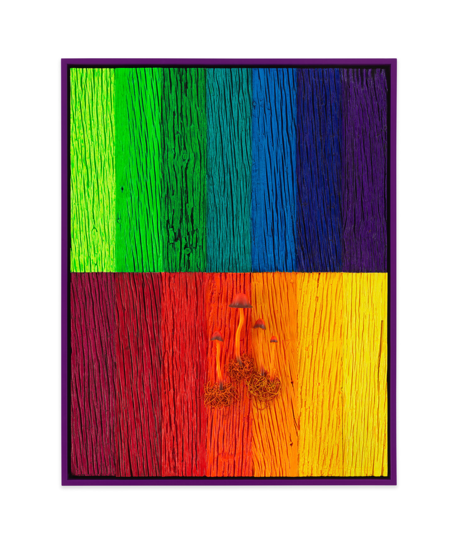 Untitled (Full Spectrum Landscape with Mushrooms/Orange), 2022, Acrylic stain, acrylic, oil, and 3D printed mushrooms on reclaimed wood, 37 1/2 x 29 1/2 inches, 95.3 x 74.9 cm,&nbsp;MMG#34821