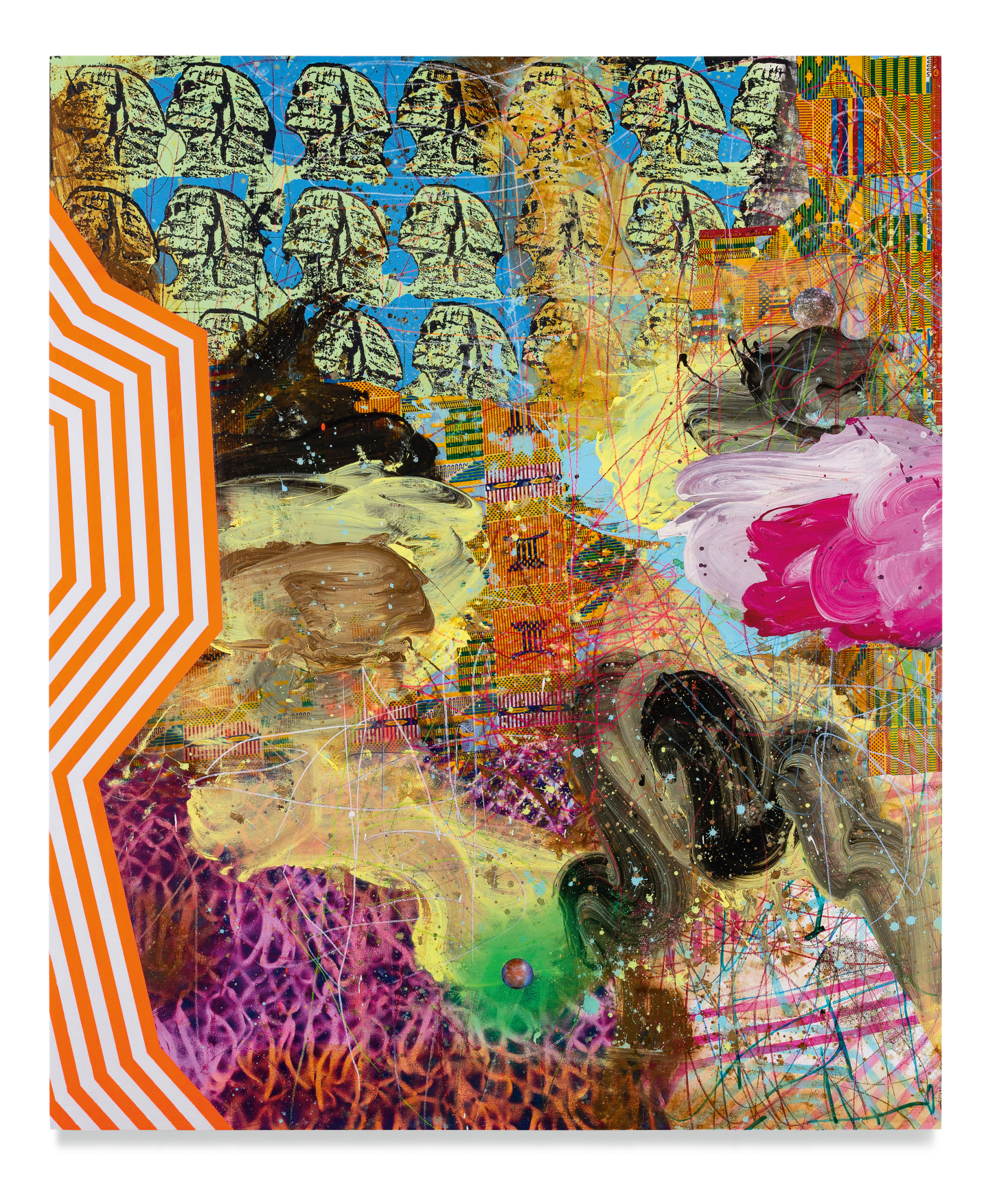 This Season&#039;s People, 2022, Acrylic, oil, spray paint, African cloth, glitter, photo collage and color pencil on wood panel, 72 x 60 inches, 182.9 x 152.4 cm, MMG#34511